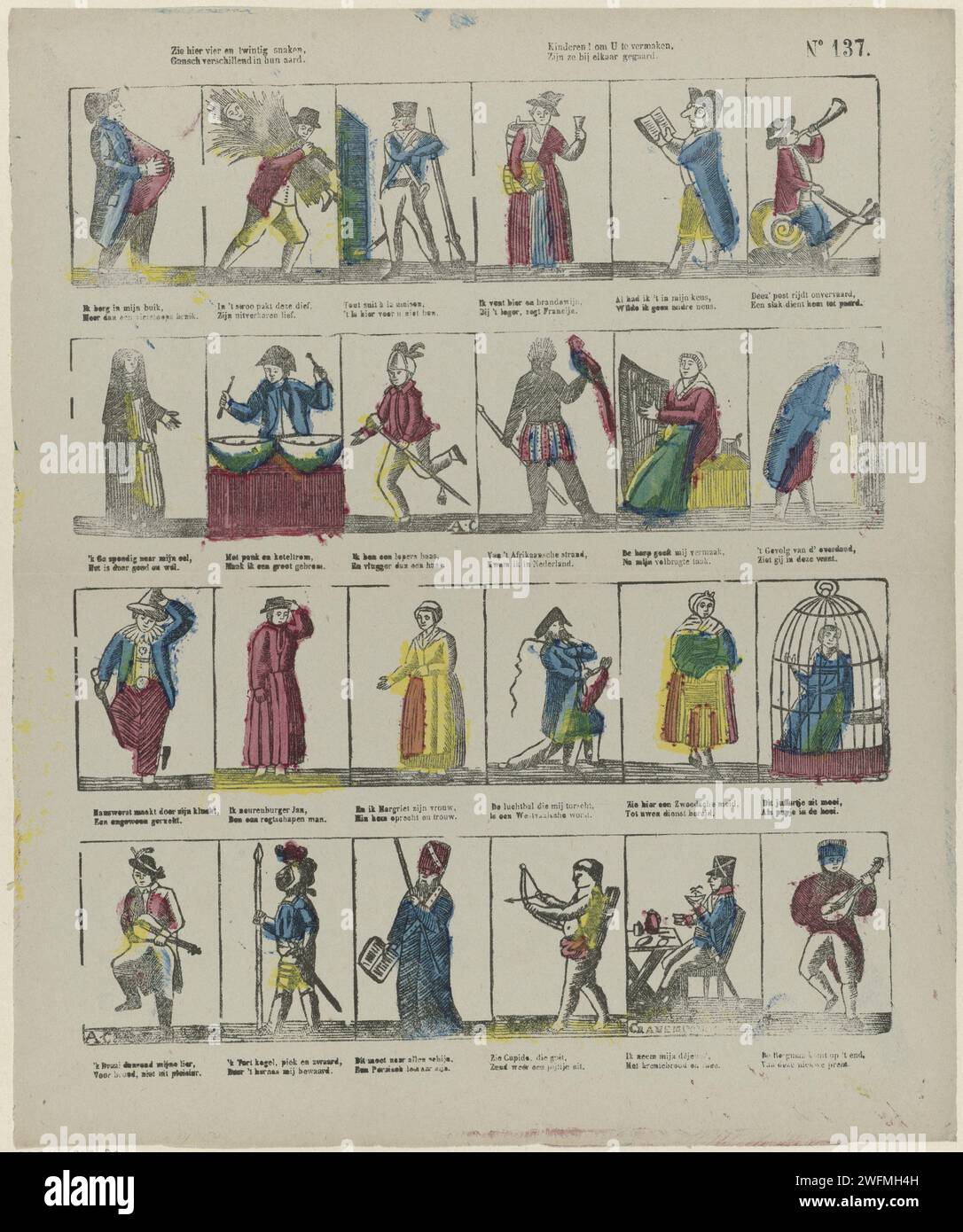 Guarda qui ventiquattro serpenti, / tutti diversi nella loro natura / bambini! Per intrattenerti, / sono cucinati insieme, 1827 - 1894 fogli stampati con 24 spettacoli di diverse figure, tra cui figure caricaturali e personaggi teatrali. Sotto ogni immagine un verso bidirezionale. Numerato in alto a destra: N. 137. Stampatore: Paesi Bassi Editore: Schaerbeek carta letterpress caratteri di stampa (tipi umani). caricature (tipi umani). (Storia di) Cupido, Amor (Eros). Africani Foto Stock