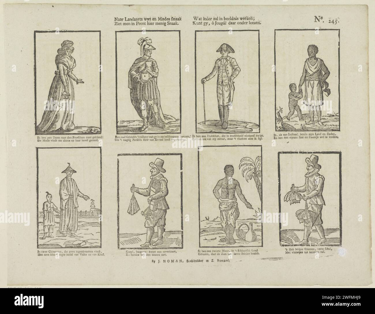 A Landaarts Wys e Modes Smaak / si vede un serpente in stampa. / Che cosa faranno tutti a Beeldnis Weezen, / puoi, ô Gioventù! Under Lezen, 1806 - 1830 stampa Leaf con 8 esibizioni di figure provenienti da diversi paesi. Sotto ogni immagine un verso bidirezionale. Numerato in alto a destra: N. 245. Editore: Zaltbommelprint Maker: Netherlands paper letterpress Printing Human types. Razze e popoli asiatici. Africani. Cinese. Europei Foto Stock