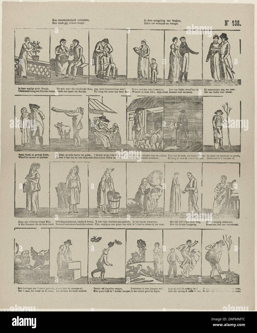 Può intrattenere varietà, / poi si trova, o lieve gioventù / nel mix di serpenti, / certamente il vostro divertimento e gioia, 1827 - 1894 stampa Leaf con 24 spettacoli di diverse figure e attività. Sotto ogni immagine un verso bidirezionale. Numerato in alto a destra: N. 138. Stampatore: Paesi Bassi Editore: Schaerbeek carta letterpress caratteri di stampa (tipi umani) Foto Stock