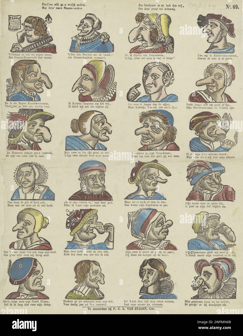 Kind'Ren vuole renderti felice, / con Deez 'Weird Noses snares. / Così li considerano e poi ridono libero, / a Deez 'Print pieno di Zotternij, 1850 - 1870 stampa Foglia con 24 rappresentazioni comiche di figure con il naso grande e deformato. Sotto ogni performance un verso a due vie. Numerato in alto a destra: N. 69. Editore: Amsterdamprint Maker: Olanda carta letterpress stampa parti del viso: Naso. fisiognomia. caricature (tipi umani) Foto Stock