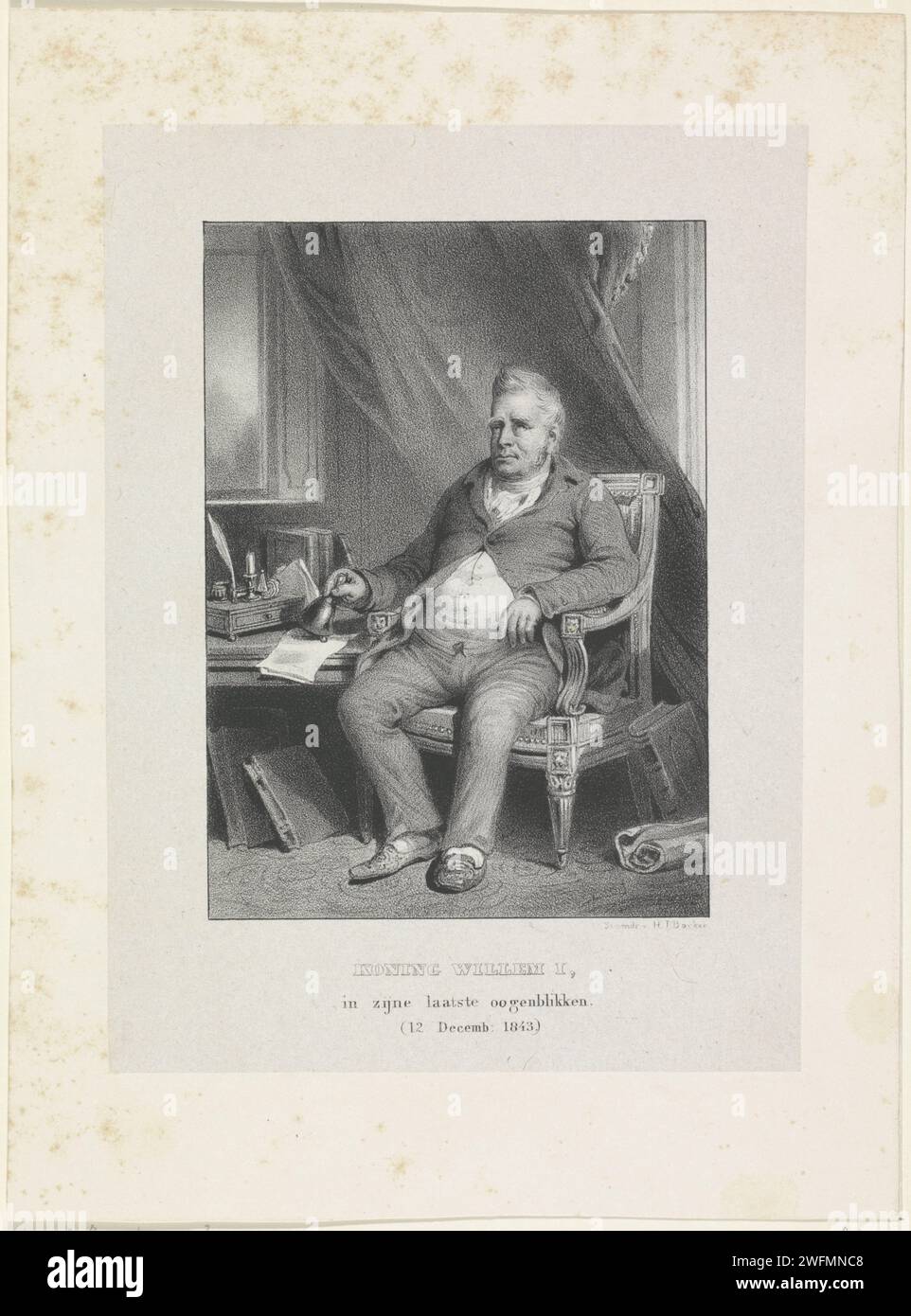 Ritratto di Guglielmo i Frederik, re dei Paesi Bassi, anonimo, 1843 stampa Ritratto di Willem i Frederik. E' in partenza vicino a un tavolo. Una campana nella mano destra. Il suo nome, il suo titolo e due righe di testo olandese. Stampatore: Netherlandsprinter: Carta Dordrecht. Foto Stock