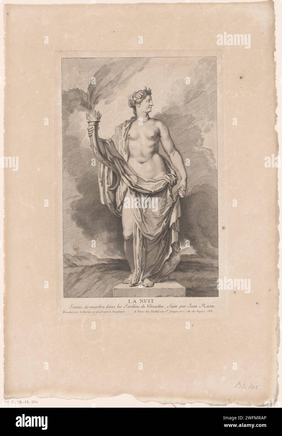 Nacht, Louis Desplaces, dopo Jean Raon, dopo Nicolas Bertin, 1692 - 1739 tipografo: Parispublisher: ParisFrance incisione su carta / incisione incisione su pezzo di scultura, riproduzione di un pezzo di scultura. Personificazione della notte, 'NOx'; 'notte', 'Carro della notte', 'SerenitÃ della notte' (Ripa) Foto Stock