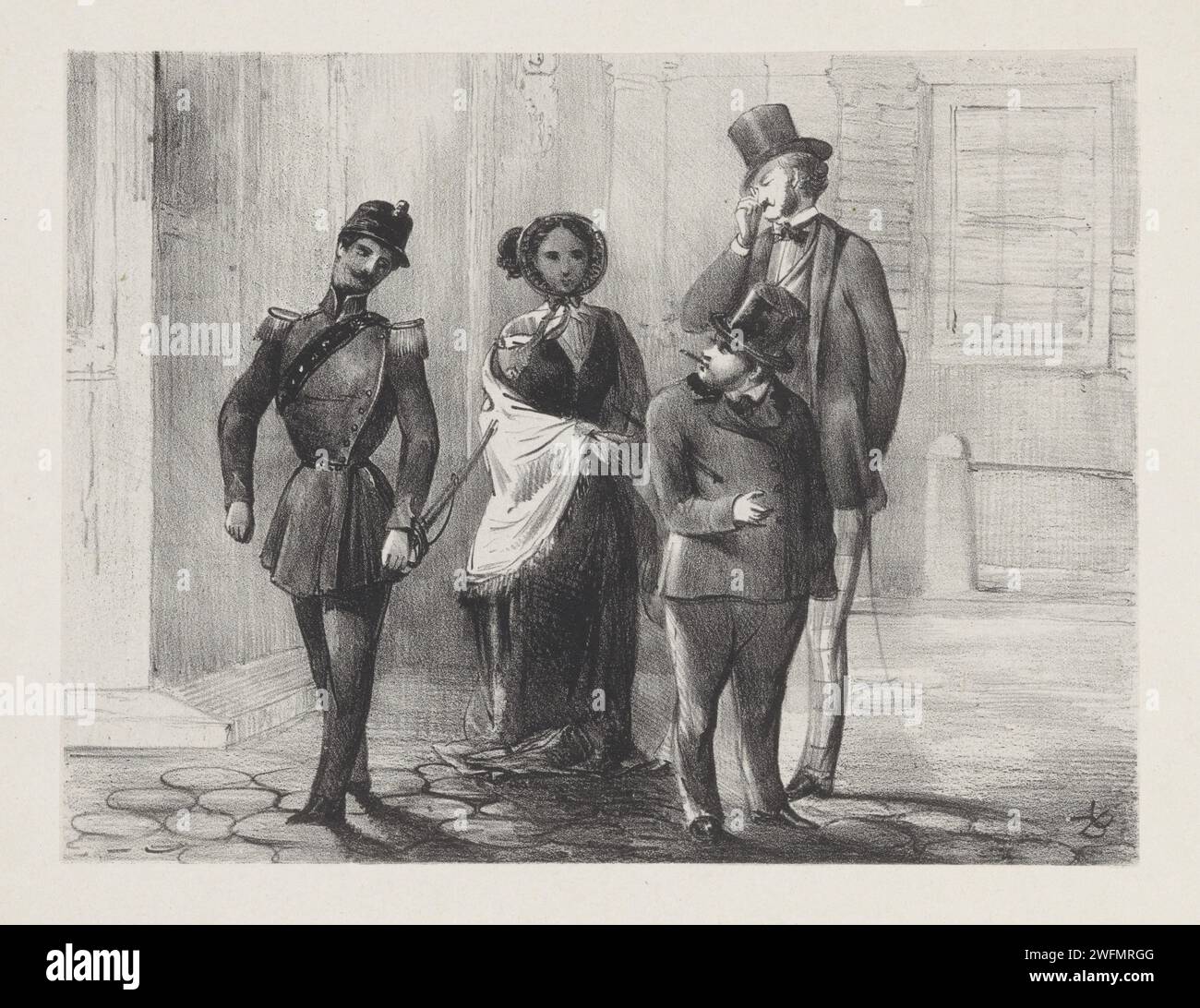 Donna e tre signori per strada, Karel Frederik Bombled, 1832 - 1902 stampare l'agente di polizia e due uomini con il cappello alto guardano la signora nel mezzo. carta. poliziotto, agente. strada del villaggio. guardando oltre la spalla. Figura in piedi - AA - figura umana femminile Foto Stock