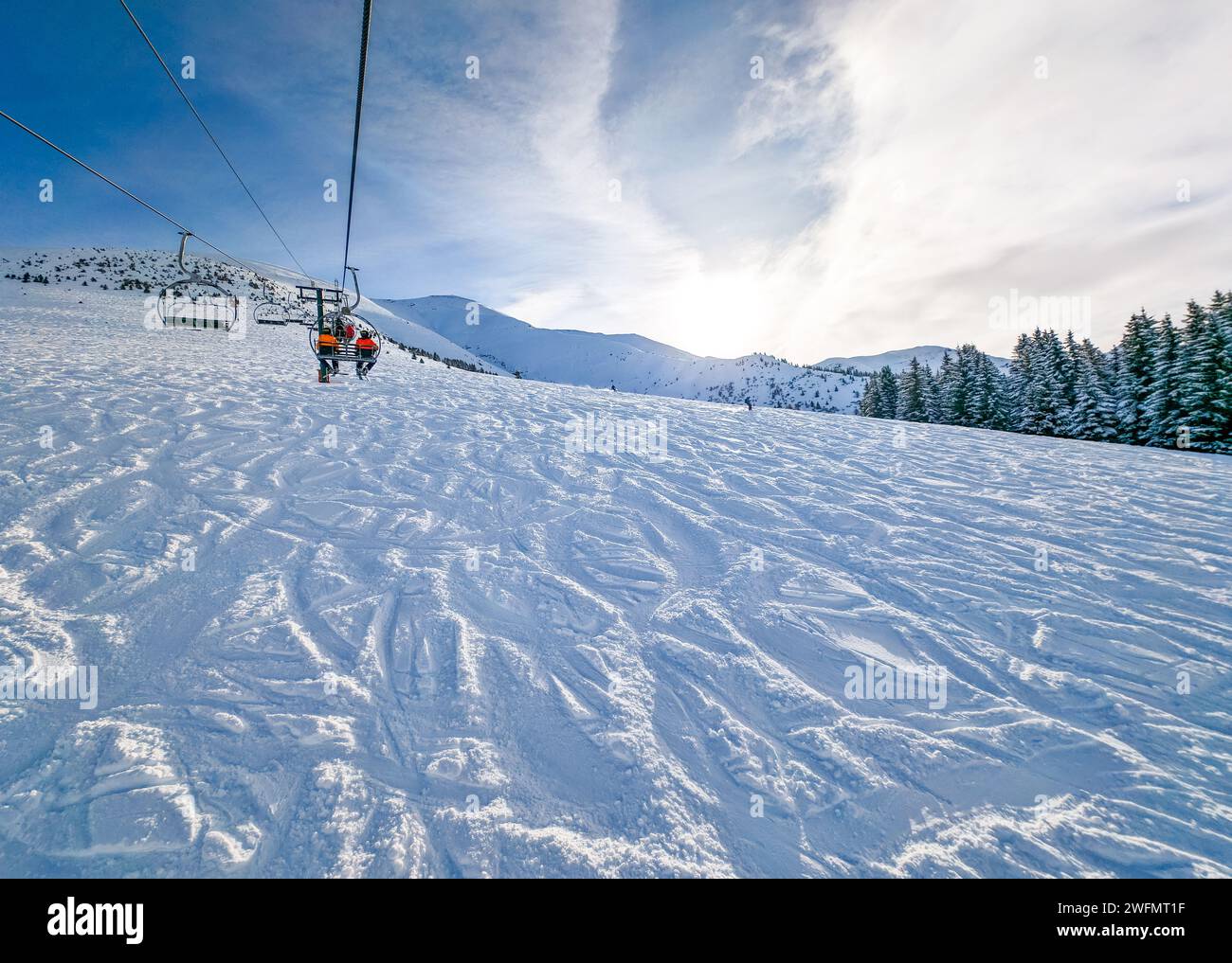 Sci invernale a Bellvue Saint-Gervais-les-Bains, montagna alpina, Francia. Foto Stock