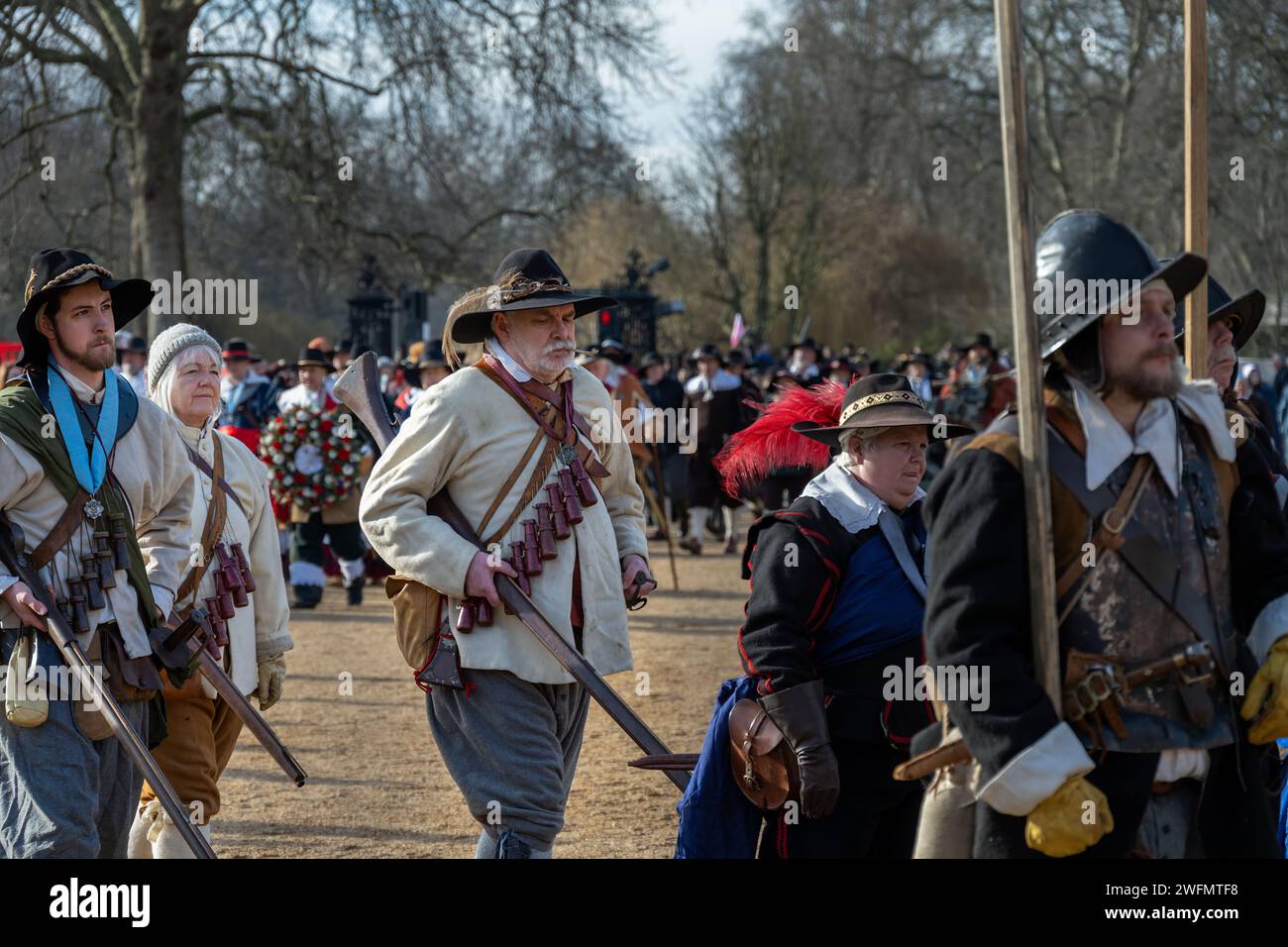 LONDRA, INGHILTERRA - 28 GENNAIO 2024: marcia annuale in commemorazione di Carlo i da parte del King's Army, The English Civil War Society Foto Stock