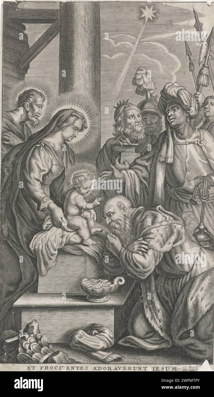 Adorazione dei Re, Theodor van Merlen (II), 1619 - 1672 stampa Anversa carta che incide adorazione dei re: I saggi presentano i loro doni al bambino di Cristo (oro, incenso e mirra) Foto Stock