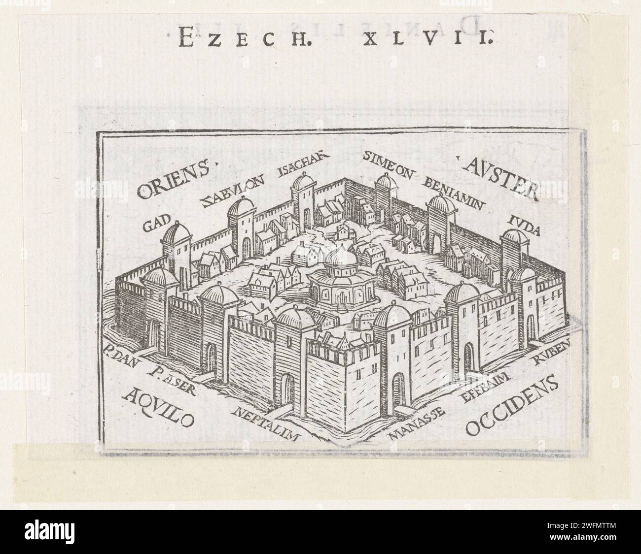 Città celeste a Visioen van Ezekiel, Hans Holbein (II), 1538 stampare la città celeste con il nuovo tempio come Ezechiele vede in una visione. Le direzioni del vento sono indicate e alle porte ci sono i nomi delle tribù di Israele. Nel margine sopra l'immagine è presente il testo Ezek. XLVII. Paper la visione di Ezechiele del nuovo tempio (Ezechiele 40 - 47:12) Foto Stock