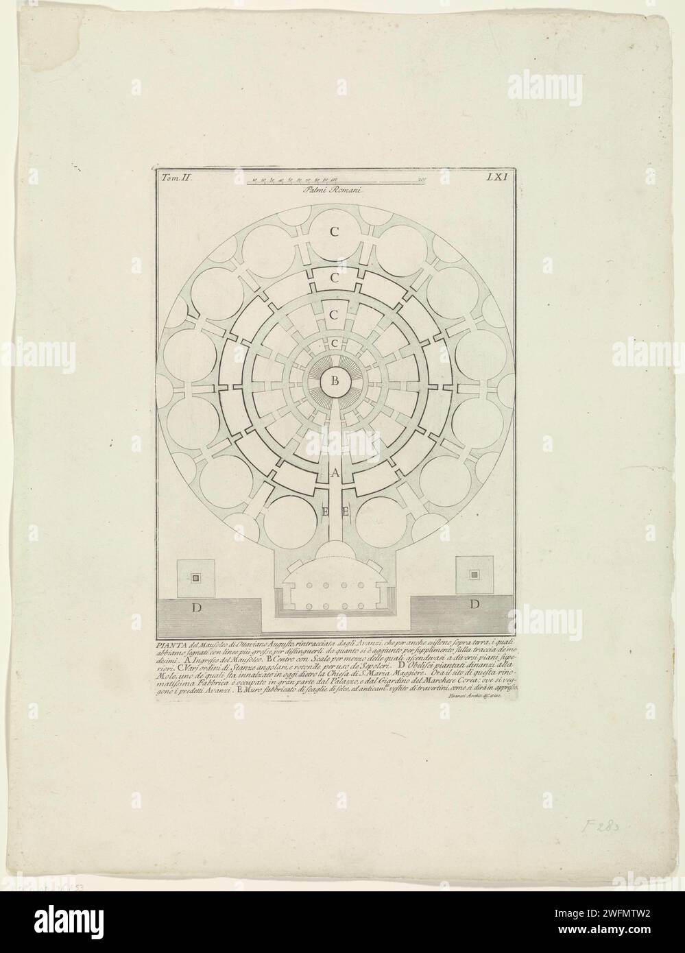 Mappa del Mausoleo di Augusto a Roma, Giovanni Battista Piranesi, c. 1756 - c. 1757 Stampa Mappa del Mausoleo di Augusto a Roma. Numerato in alto a sinistra: Tom. II. Numerato in alto a destra: LXI. Didascalia ed elenco esplicativo delle lettere in Submarge. Roma carta incisione rovina di un edificio  architettura. mausoleo. pianificare  architettura. Tomba, tomba Mausoleo van Augustus Foto Stock