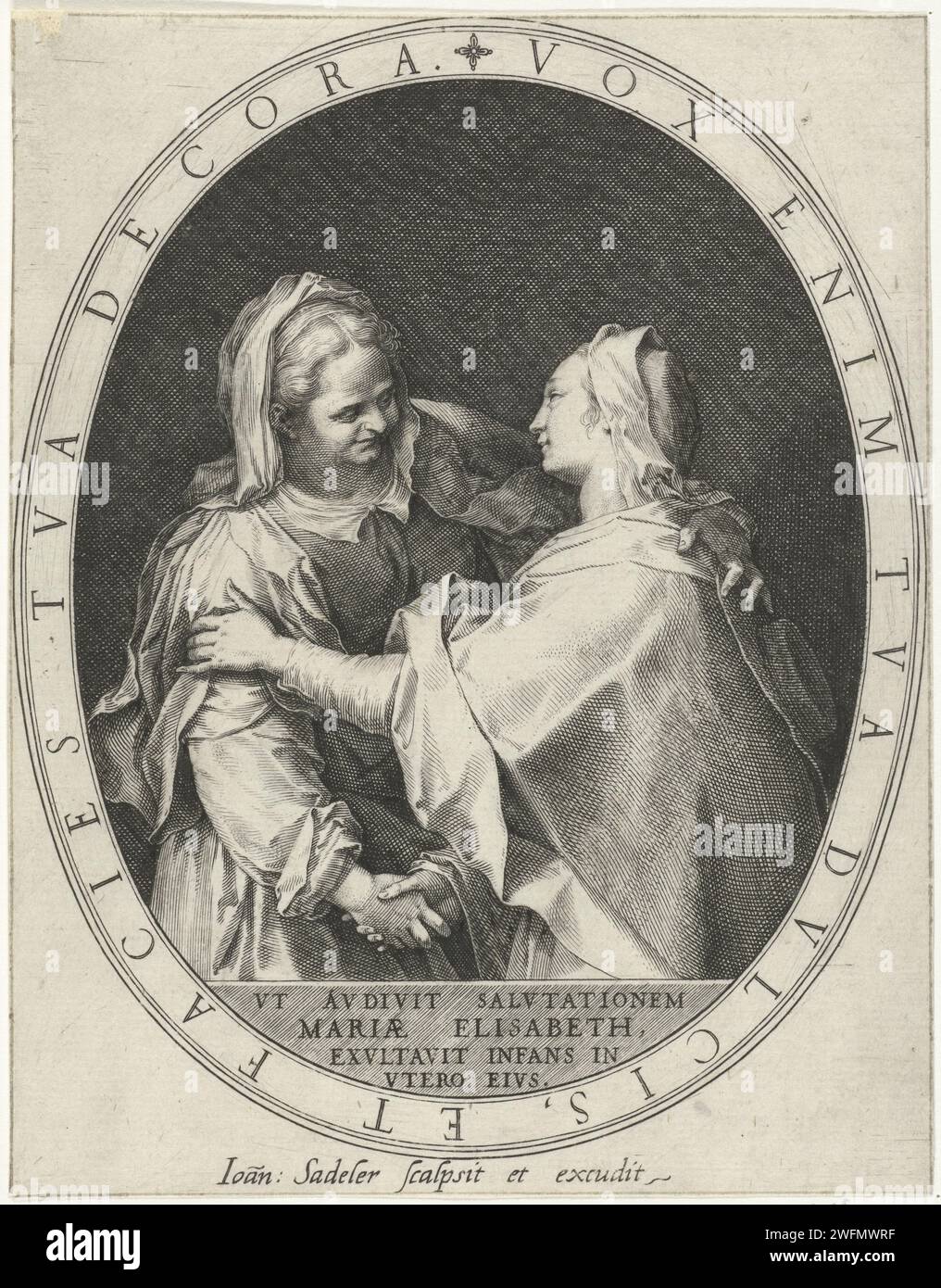 Visita, Johann Sadeler (i), 1560 - 1600 stampa Maria ed Elisabet si abbracciano e stringono la mano. Carta sconosciuta che incide Maria ed Elisabetta che stringono la mano Foto Stock
