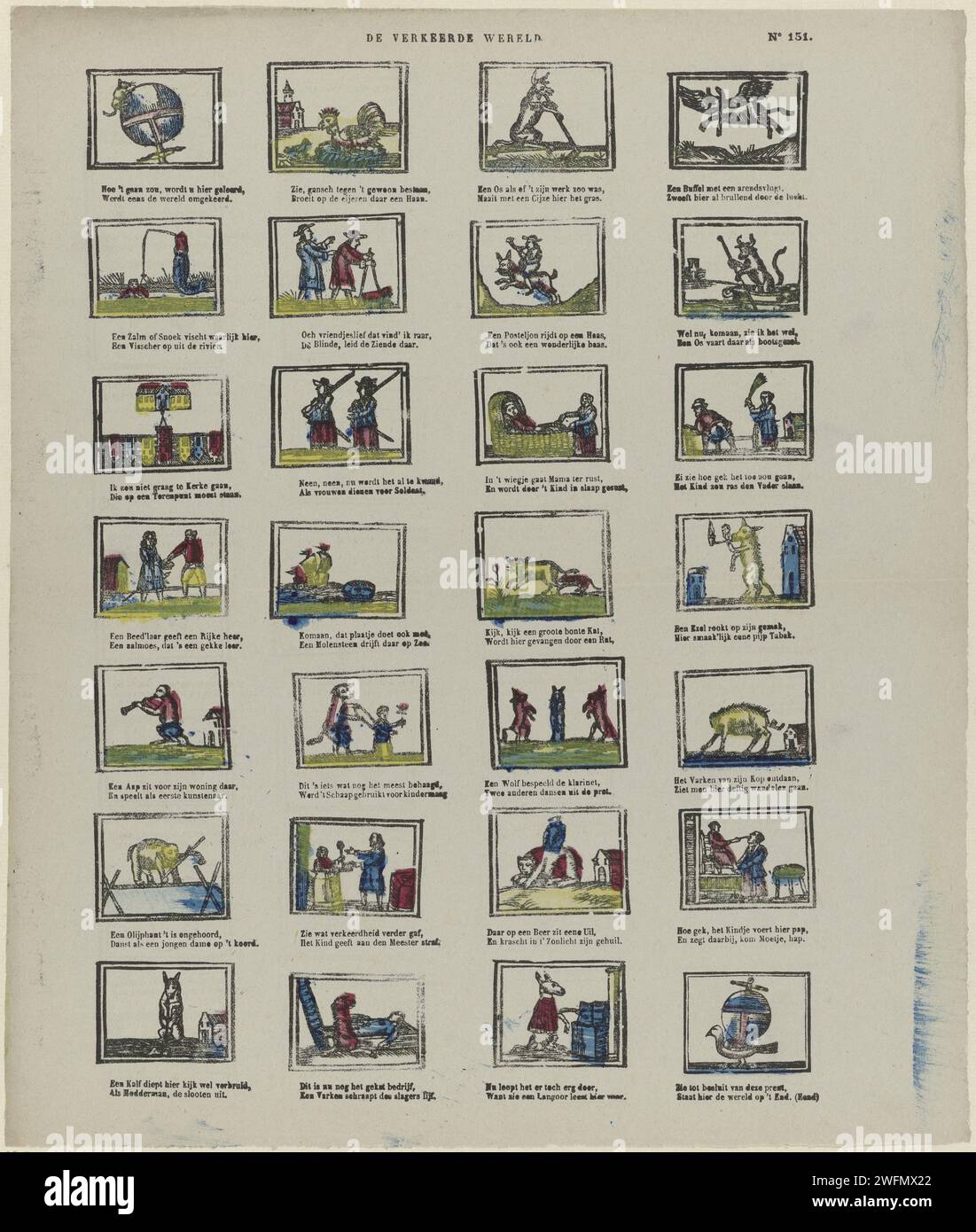 Il mondo sbagliato, 1827 - 1894 fogli stampati con 28 spettacoli sul mondo sbagliato, dove gli animali, tra le altre cose, si comportano come le persone. Sotto ogni performance un verso a due vie. Numerato in alto a destra: N. 151. Carta Schaerbeek per letterpress stampa 'mundus inversus', il mondo rovesciato, il mondo topsy-turvy, 'le monde bestournÃ©'. animali che agiscono come esseri umani Foto Stock