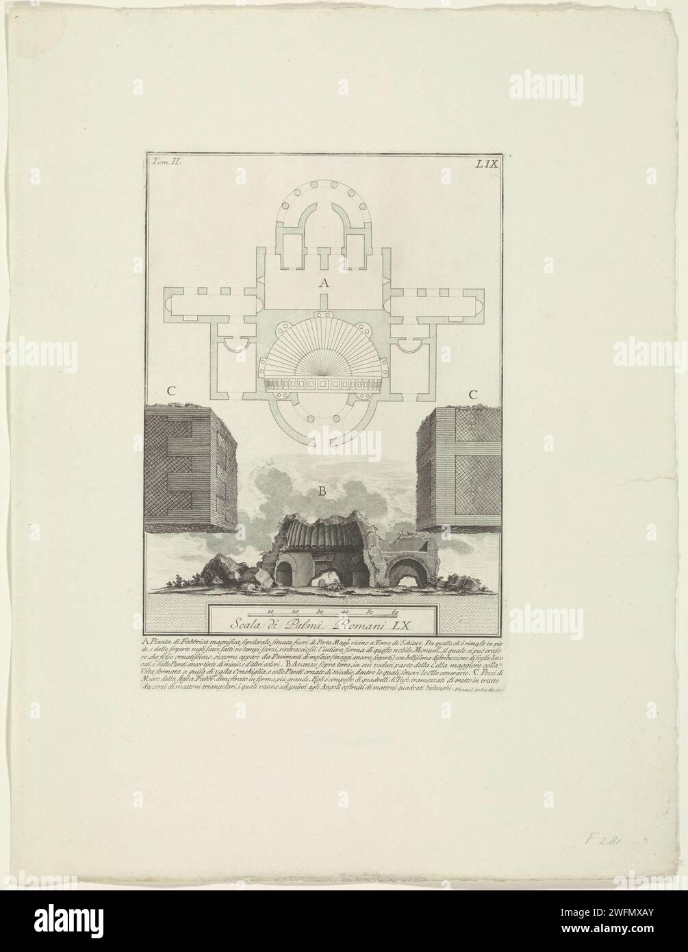 Graftombe bij de Torre de' schiavi, Giovanni Battista Piranesi, c. 1756 - c. 1757 Stampa mappa e veduta di una tomba fuori dalla porta romana della città porta maggiore vicino alla Torre de' schiavi. Numerato in alto a sinistra: Tom. II. Numerato in alto a destra: Lix. Elenco esplicativo delle lettere in STUDMARGE. Roma carta incisione rovina di un edificio  architettura. pianificare  architettura. Tomba, tomba Torre degli schiavi. Porta principale Foto Stock