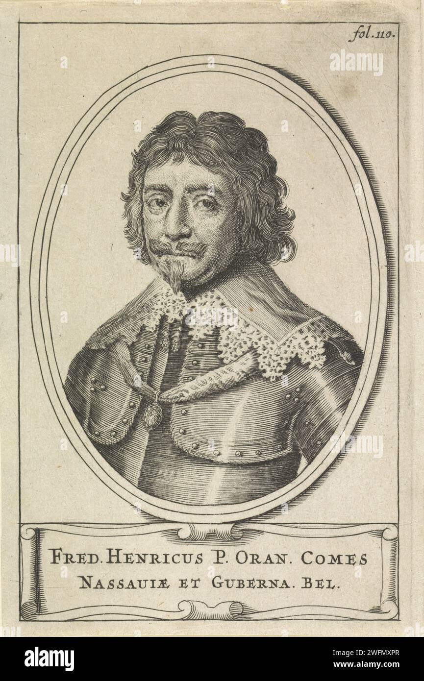 Ritratto di Frederik Hendrik, Principe d'Orange, Anonimo, stampa del 1646 Ritratto di Frederik Hendrik in un ovale. Il suo nome in un cartiglio. In alto a destra 110. '. Stampatore: Low Countriespublisher: Amsterdam paper Engraving knighthood Order (GARTER) - insegne di ordine cavalleresco, ad esempio: Badge, catena Foto Stock