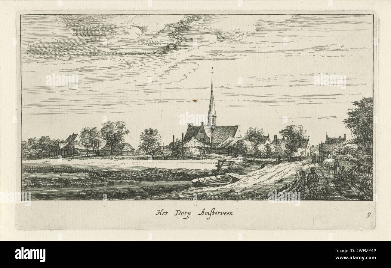 Veduta di Amstelveen, Geertruydt Roghman, dopo Roelant Roghman, stampa 1637 - 1652 veduta di Amstelveen con la Chiesa riformata di Amstelveen al centro. La stampa fa parte di una serie di paesaggi con villaggi intorno ad Amsterdam. Numerato in basso a destra: 9. Chiesa di incisione/incisione su carta di Amsterdam (esterno). Prospettiva del villaggio, sagoma del villaggio Amstelveen Foto Stock