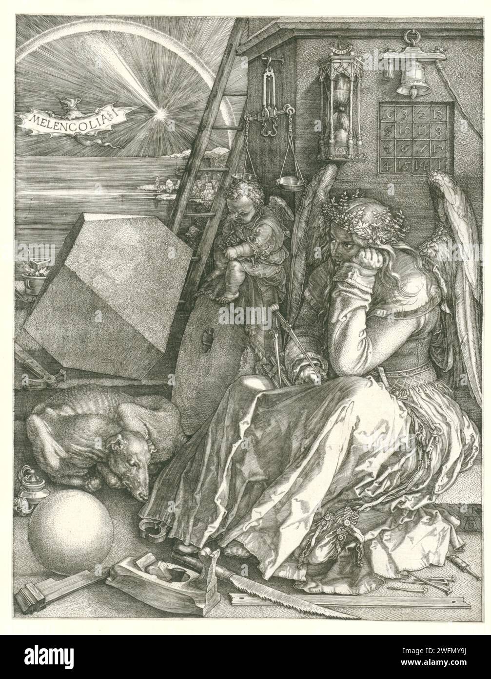 Melanconia, Albrecht Dürer, 1514 stampa il temperamento malinconico, sotto forma di una donna alata che guarda di fronte a lei, la mascella a sinistra, sostenuta, una bussola in mano. Vari strumenti (di misurazione), come una bilancia, una clessidra e una sega. Un cane ai suoi piedi. Accanto a lei un putto che scrive qualcosa su un tablet. Temperamento malinconico per incisione su carta di Norimberga Foto Stock