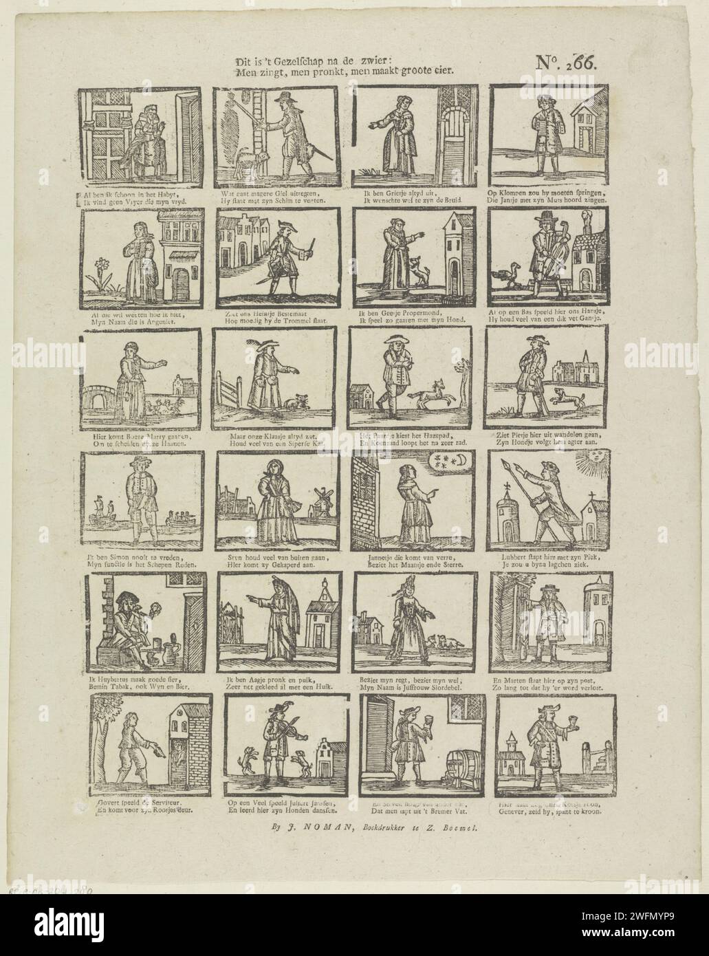 Questa è la compagnia dopo il Swier: / Uno canta, uno si esibisce, uno fa Groote Cier, 1806 - 1830 fogli stampati con 24 spettacoli di diverse figure e attività. Sotto ogni immagine un verso bidirezionale. Numerato in alto a destra: N. 266. Carta Zaltbommel per stampa di tipi umani Foto Stock