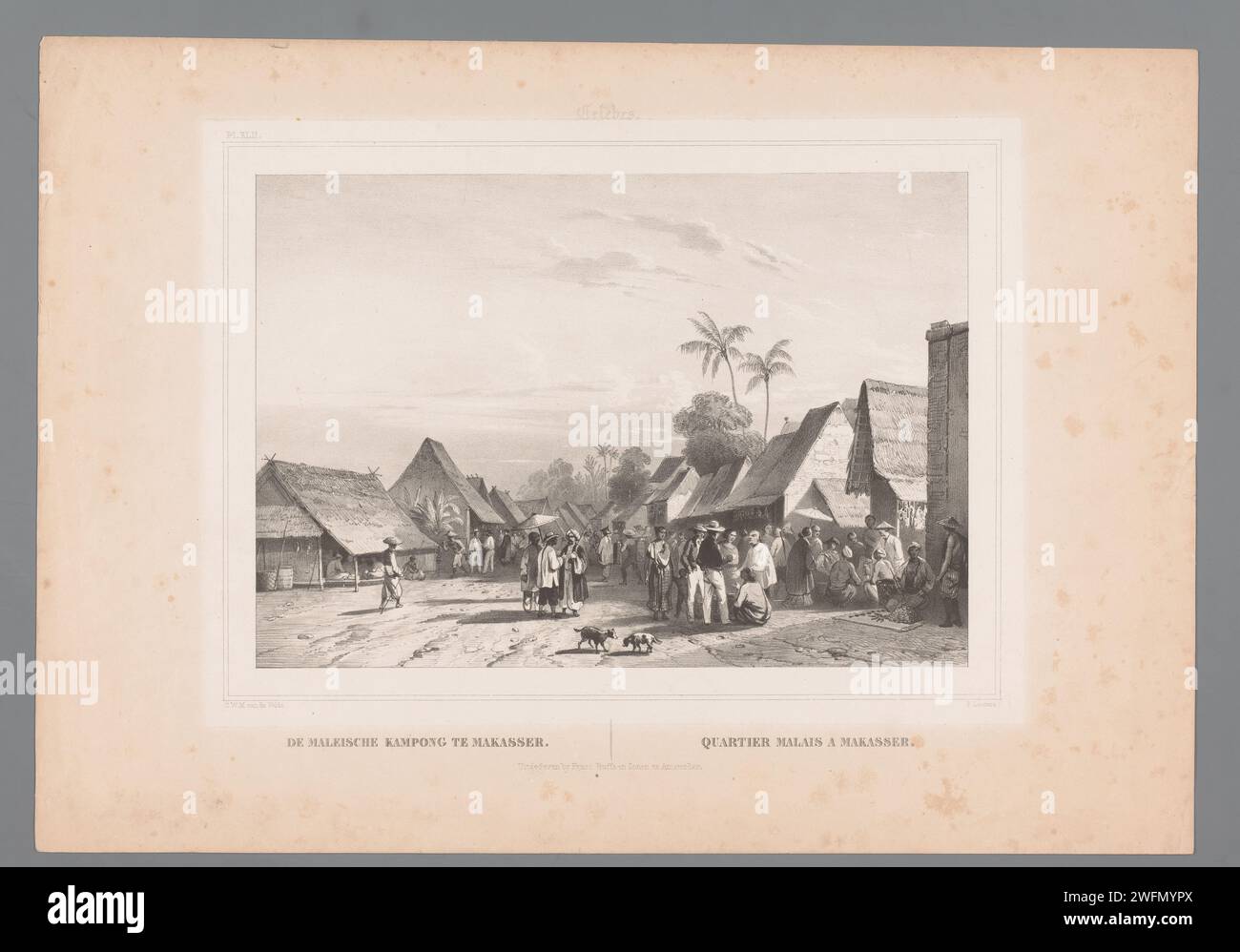 Vista del villaggio malese in Indonesia, Paulus Lauters, dopo Charles William Meredith van de Velde, c. 1847 stampa in alto a sinistra: pl.xlii. Giornale di Amsterdam. via (+ città(-scape) con cifre, personale). villaggio. Celebrità del mercato. Makassar Foto Stock