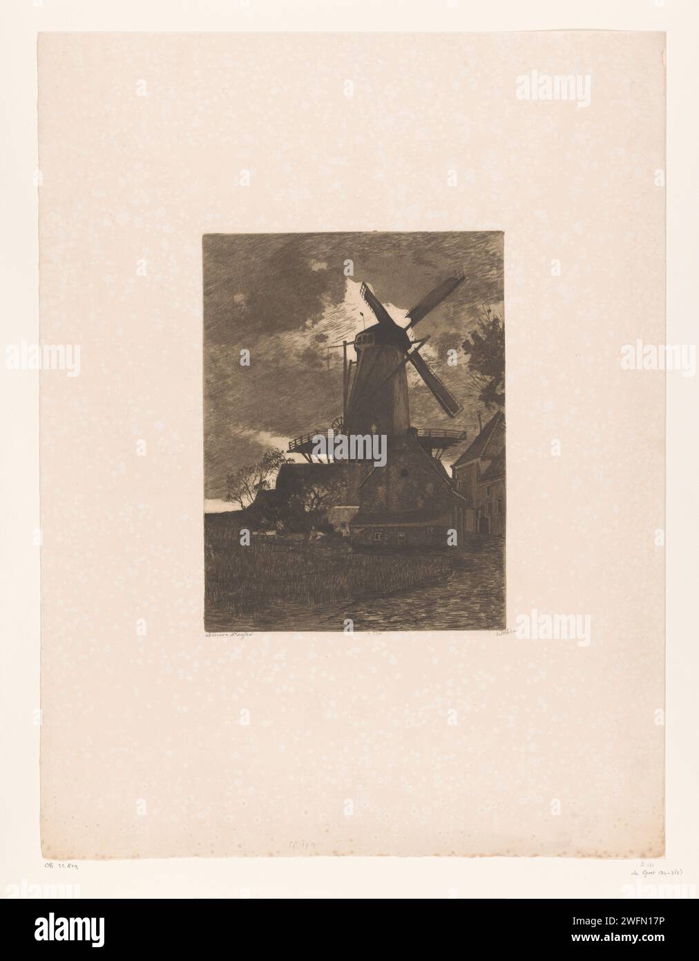 Vista del mulino di farina a Wijk bij Duurstede, Willem Witsen, c. 1908 mulino a vento per l'incisione della carta stampata nel paesaggio. Mulino a vento Wijk bij Duurstede Foto Stock