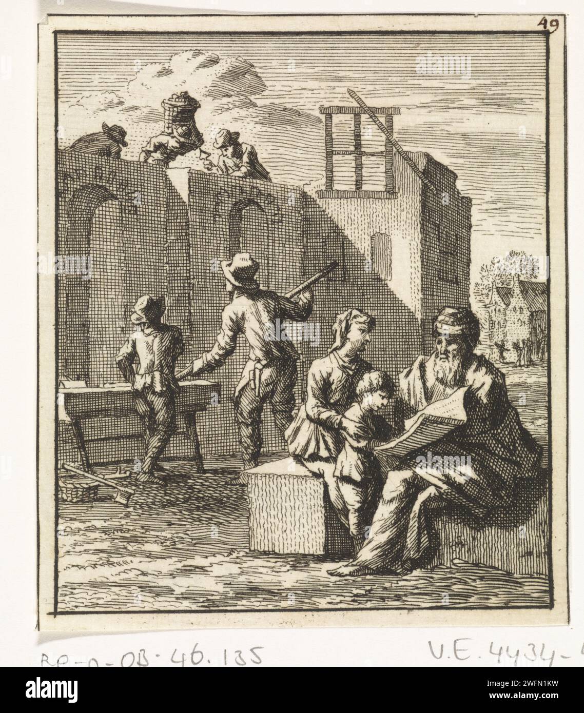 Il nonno mostra a suo nipote una foglia mentre una casa è in costruzione sullo sfondo, Zacharias Chatelain (II), dopo Jan Luyken, 1712 stampa Amsterdam attività di costruzione di incisioni su carta. nonni con nipoti (gruppo familiare) Foto Stock