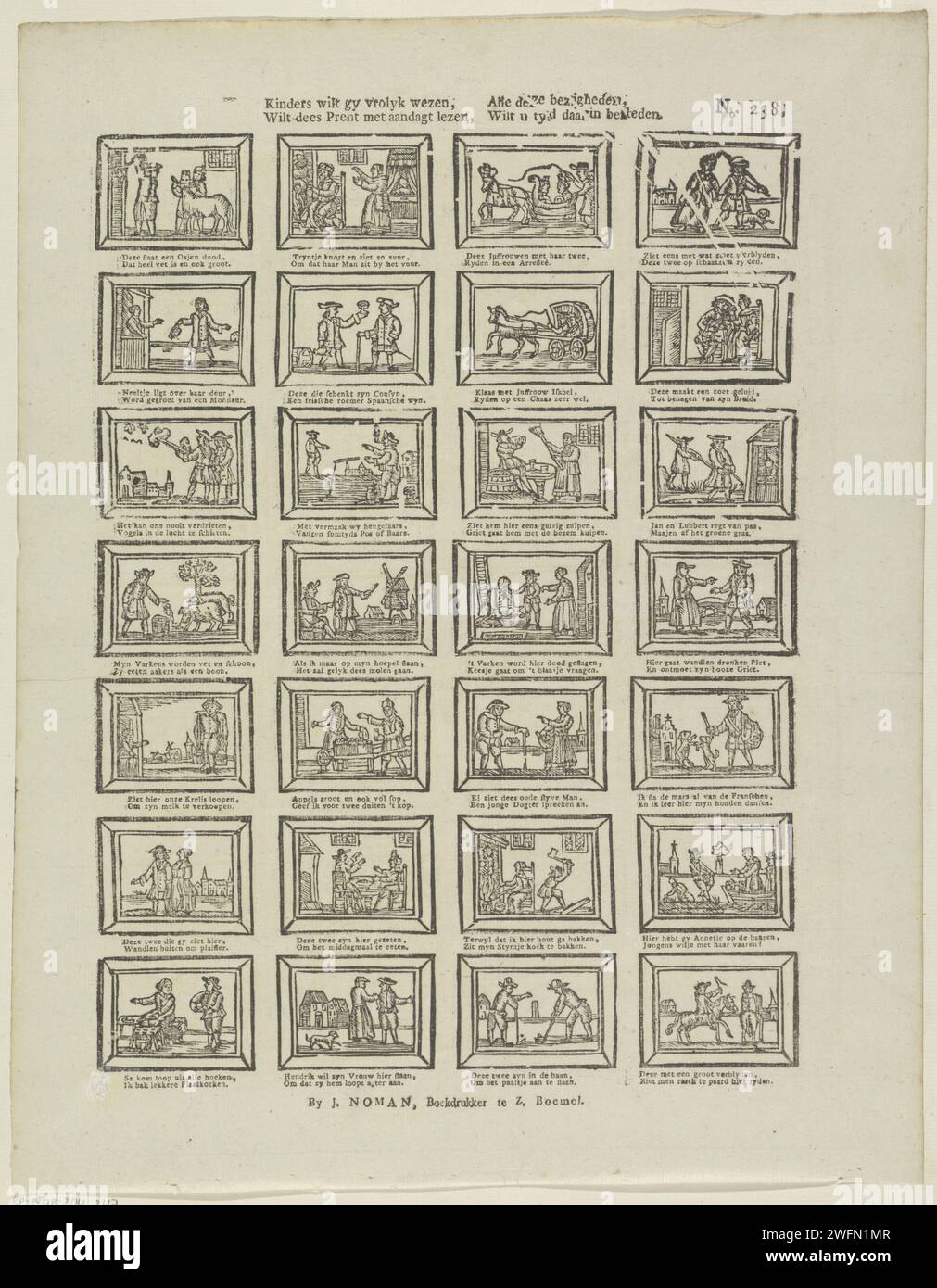 I bambini vogliono che tu sia vrolyk, / vogliono che dees sia stampato con una buona lettura, / tutte queste attività, / vuoi spenderlo in quel, 1806 - 1830 fogli stampati con 28 spettacoli di diverse figure e attività. Sotto ogni immagine un verso bidirezionale. Numerato in alto a destra: N. 238. Editore: Zaltbommelprint Maker: Netherlands paper letterpress Printing Human types Foto Stock