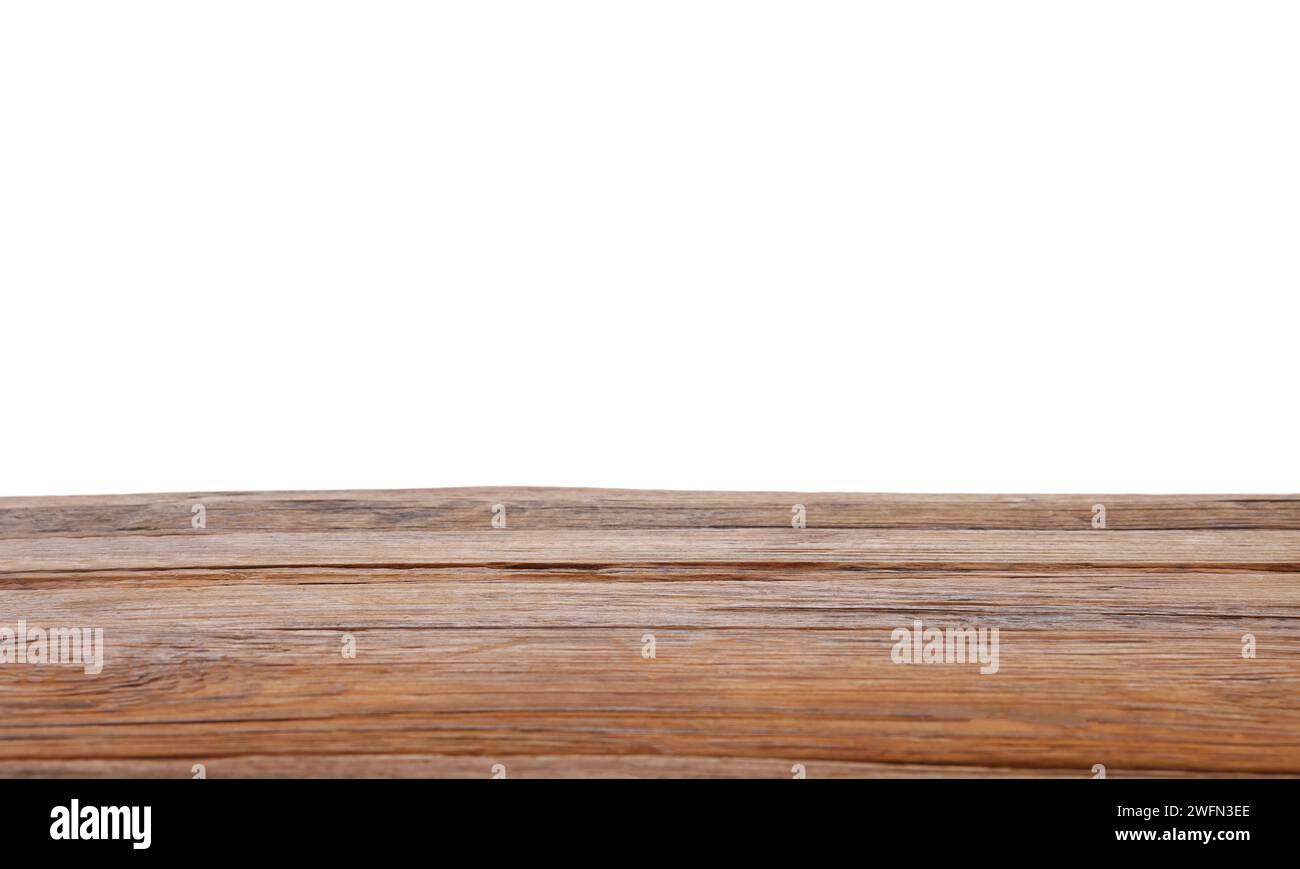 Tavolo vuoto in legno marrone isolato su bianco Foto Stock