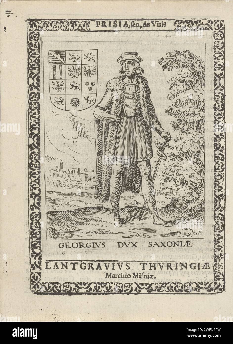George van Saksen, Inquiry of Services of Friesland, Pieter Feddes van Harlingen, 1618 - 1620 stampa George van Saksen, erede della Frisia. In risalto, mano di lato. Illustrazione del libro, con testo sul retro. Incisione su carta Friesland / stampa su carta tipografica Ruler, Sovereign Friesland Foto Stock