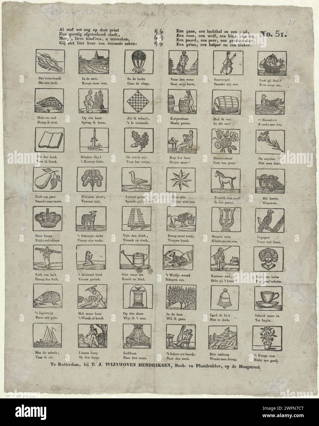 Tutto ciò che trova il tuo occhio su questa stampa / so Witty (...), Theodorus Johannes Wijnhoven -Hendriksen, 1832 - 1850 fogli stampati con 48 rappresentazioni di oggetti, animali e figure, tra cui un'oca rude, un orologio e una chiatta. Sotto ogni performance un verso a due vie. Numerato in alto a destra: N. 51. Navi per la stampa di carta da lettera Rotterdam (in generale). animali. campana della chiesa Foto Stock