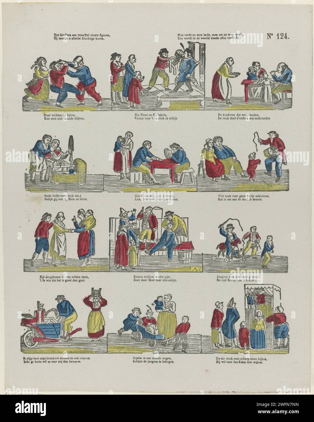 Kind'ren vede dodici nuovi personaggi, / ti mostrano tutti i tipi di cure farsa / una lotta e una risata, con mangiare e una commedia, / quindi tutto era sempre diviso, 1827 - 1894 fogli stampati con 12 fantasie di proverbi. Sotto ogni immagine un verso bidirezionale. Numerato in alto a destra: N. 124. Stampatore: Olanda Editore: Schaerbeek carta letterpress proverbi, detti, ecc. Foto Stock