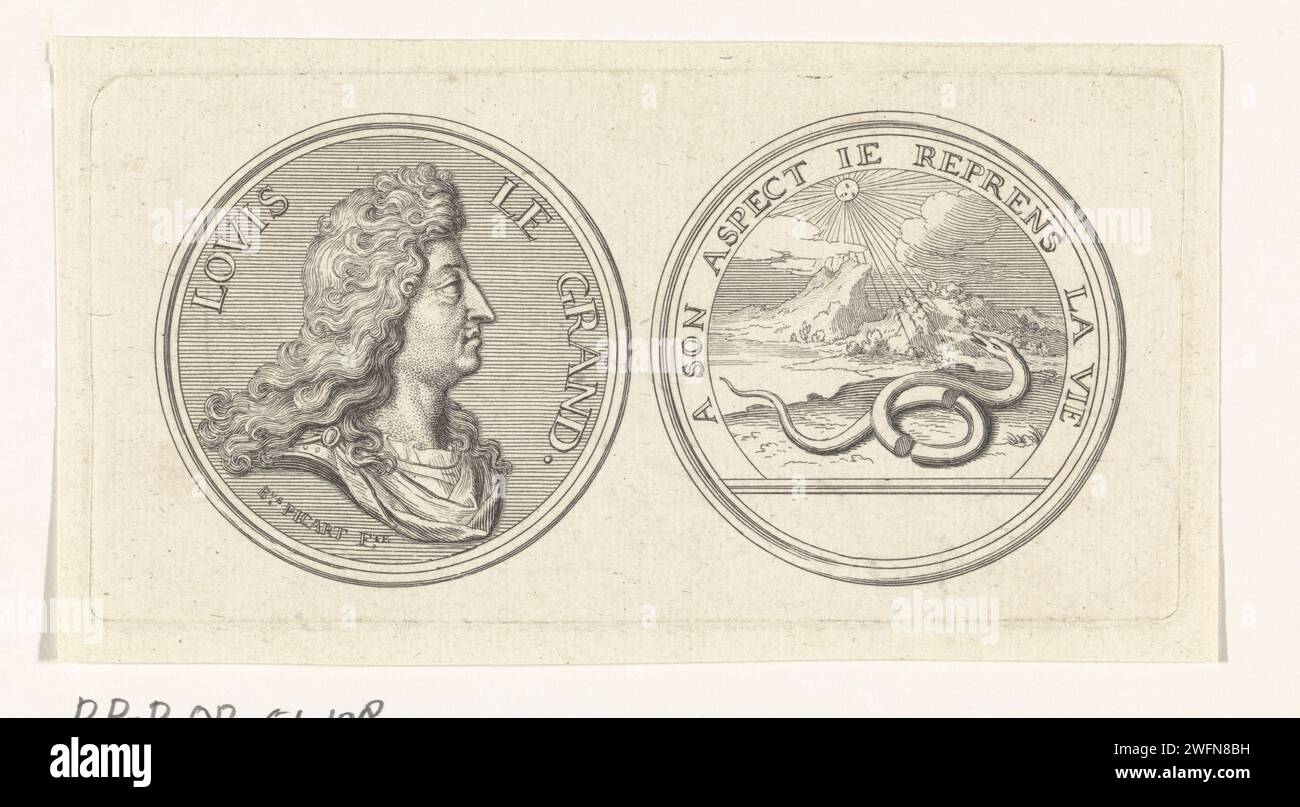 Penning con il ritratto di Luigi XIV (variante piccola), Bernard Picart, 1700 - 1733 stampa Penning con il ritratto di Luigi XIV, re di Francia. Dall'altra parte una rappresentazione emblematica del suo governo: Un serpente, con un corpo rotto, è illuminato dai raggi del sole. Carta di Parigi incisione/incisione del sole come corpo celeste. serpenti. medaglia (considerata come un pezzo di scultura, indipendentemente dalla sua specifica funzione) Foto Stock