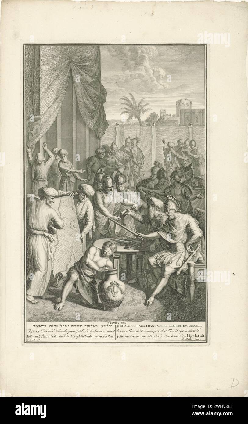 Jozua ed Eleazar distribuiscono la terra promessa, Joseph Mulder, dopo Gerard Hoet (i), stampa 1720 - 1728 oltre alla tenda d'incontro, i rappresentanti di sette diverse tribù d'Israele si incontrano con Giosuè e il sacerdote Eleazar. Due uomini mostrano una mappa della terra promessa e un uomo bendato ne tira un sacco da un vaso per assegnare le aree alle tribù. Joshua guarda, con uno scettro in mano. Eleazar consegna i biglietti della lotteria ai delegati. In fondo al margine un riferimento al testo della Bibbia e al titolo in ebraico, inglese, tedesco, latino, francese e olandese. Incisione su carta Amsterdam/ecc. Foto Stock