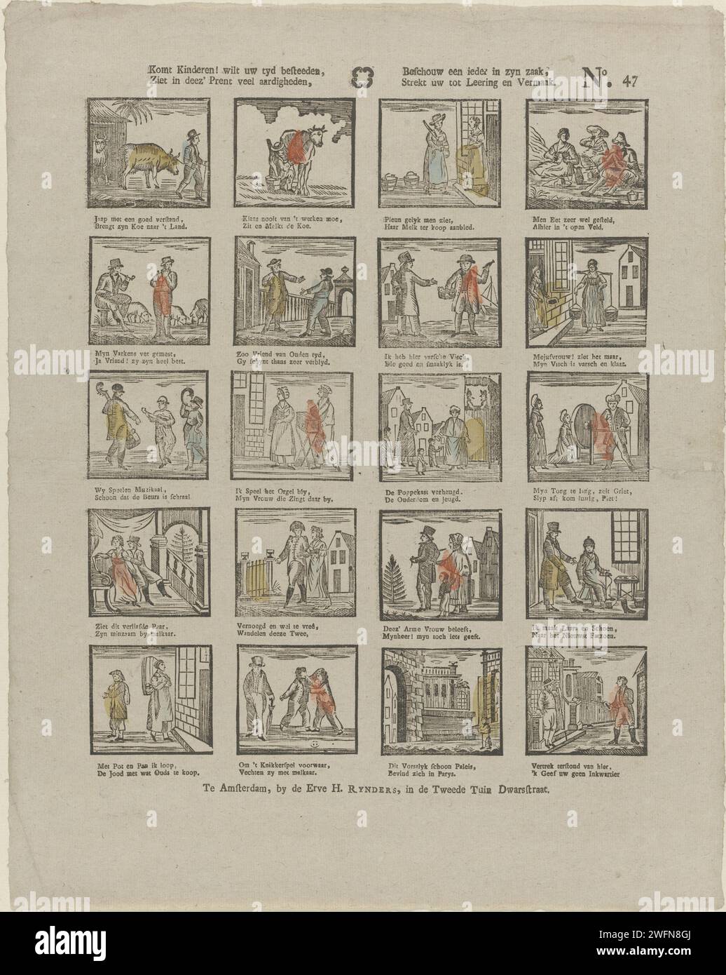 BAMBINI BAMBINI! Vuoi pagare la tua TYD, / vedi in Deez 'print molti parassiti, / considera tutti nella sua attività, / Estendi la tua alla pelle e all'intrattenimento, 1831 - 1854 fogli stampati con 20 spettacoli di diverse figure e attività. Sotto ogni immagine un verso bidirezionale. Numerato in alto a destra: N. 47. Editore: Amsterdamprint Maker: Olanda carta tipografica stampa tipi umani. combattere. musicista al lavoro. commerciante di strada Foto Stock