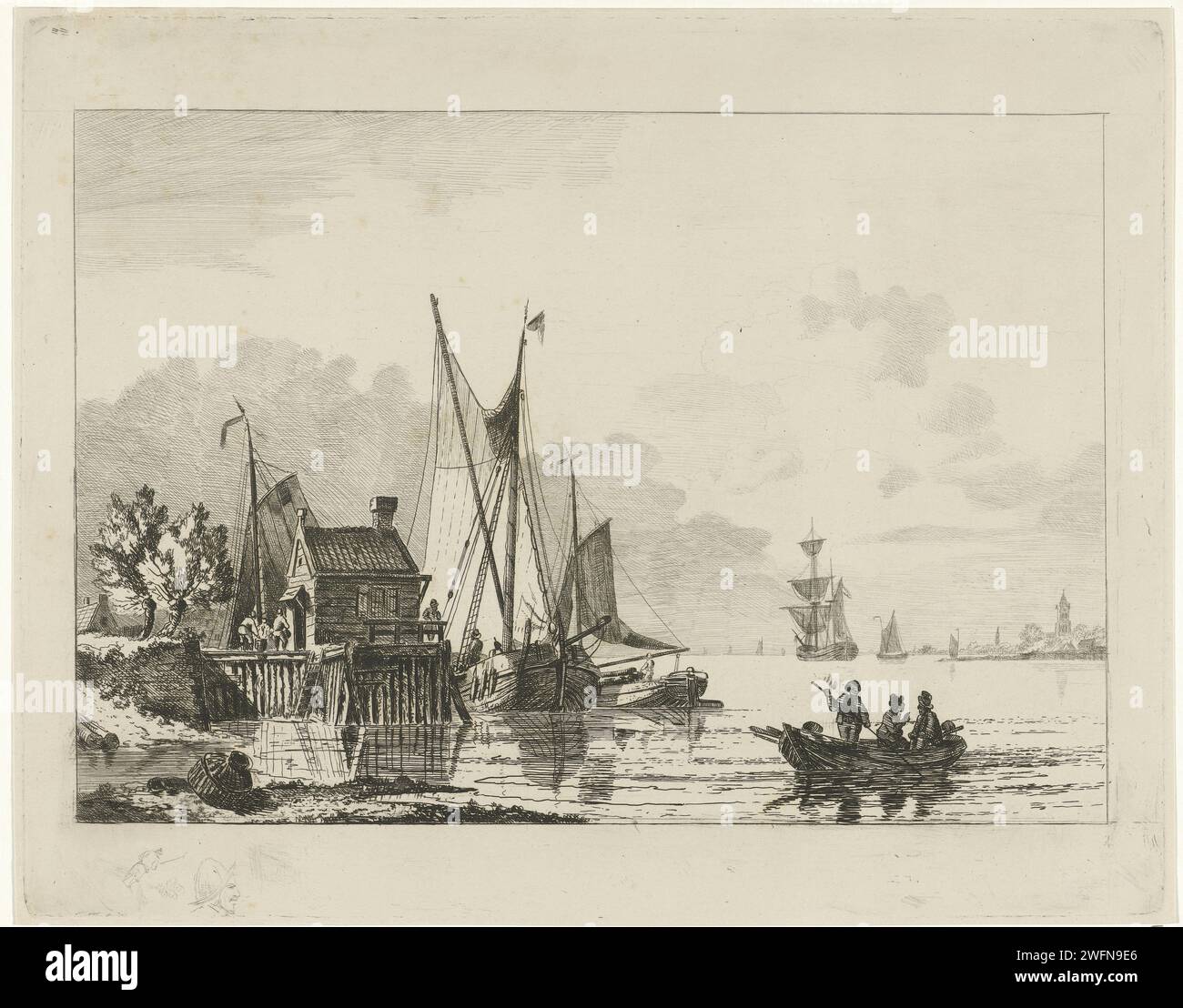 Fronte del fiume con navi a vela ormeggiate, Willem Gruyter Jr., 1832 - 1880 stampare casa in legno presso un molo con navi a vela ormeggiate e sulla destra in primo piano una barca a remi con tre uomini. Due figure incise a sinistra sotto lo spettacolo. Amsterdam cartaceo a vela, barca a vela (+ quattro persone o più  traffico e trasporto). canottaggio, canoa, ecc. Foto Stock