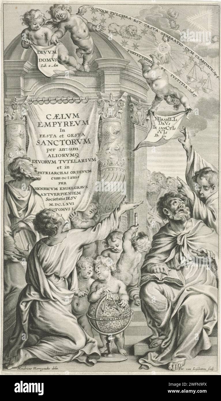 Gli studiosi scoprono il Tetragram, Peter van Liesebetten, dopo Hendrik Herregouts, 1666 stampe raccolte gli studiosi guardano con sorpresa il tetragramma che apparve sopra di loro nell'aria. Un certo numero di segni dello zodiaco sono raffigurati nell'aria sotto il tetragramma. Ci sono dei putti tra gli studiosi, gli angeli volano in aria. In primo piano c'è un putto con un passante a un globo. studioso di incisione di carta, filosofo. L'occhio onnisciente, triangolo con occhio  simbolo di Dio padre (+ variante). zodiaco; i dodici segni zodiacali insieme. cupidi: 'amores', 'amoretti', 'putti' Foto Stock