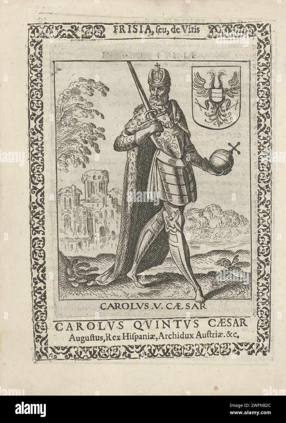 Carlo V, inchiesta di Frisia, Pieter Feddes van Harlingen, 1618 - 1620 stampa Carlo V, erede della Frisia. In piedi, spada e ricca mela in mano. Illustrazione, con testo sul retro, dal libro: Frisia Seu de Viris rebusque Frisiae Illustribus libri Duo. Incisione su carta Friesland / stampa su carta tipografica Ruler, Sovereign Friesland Foto Stock