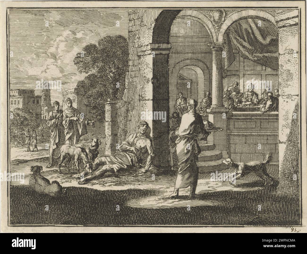 The Rich man and the Poor Lazarus, Jan Luyken, 1712 stampa di Amsterdam paper etching the Rich man (Dives) è in festa, mentre Poor Lazarus sta morendo di fame al cancello (cani leccare le piaghe di Lazzaro) (Luca 16:19-31) Foto Stock