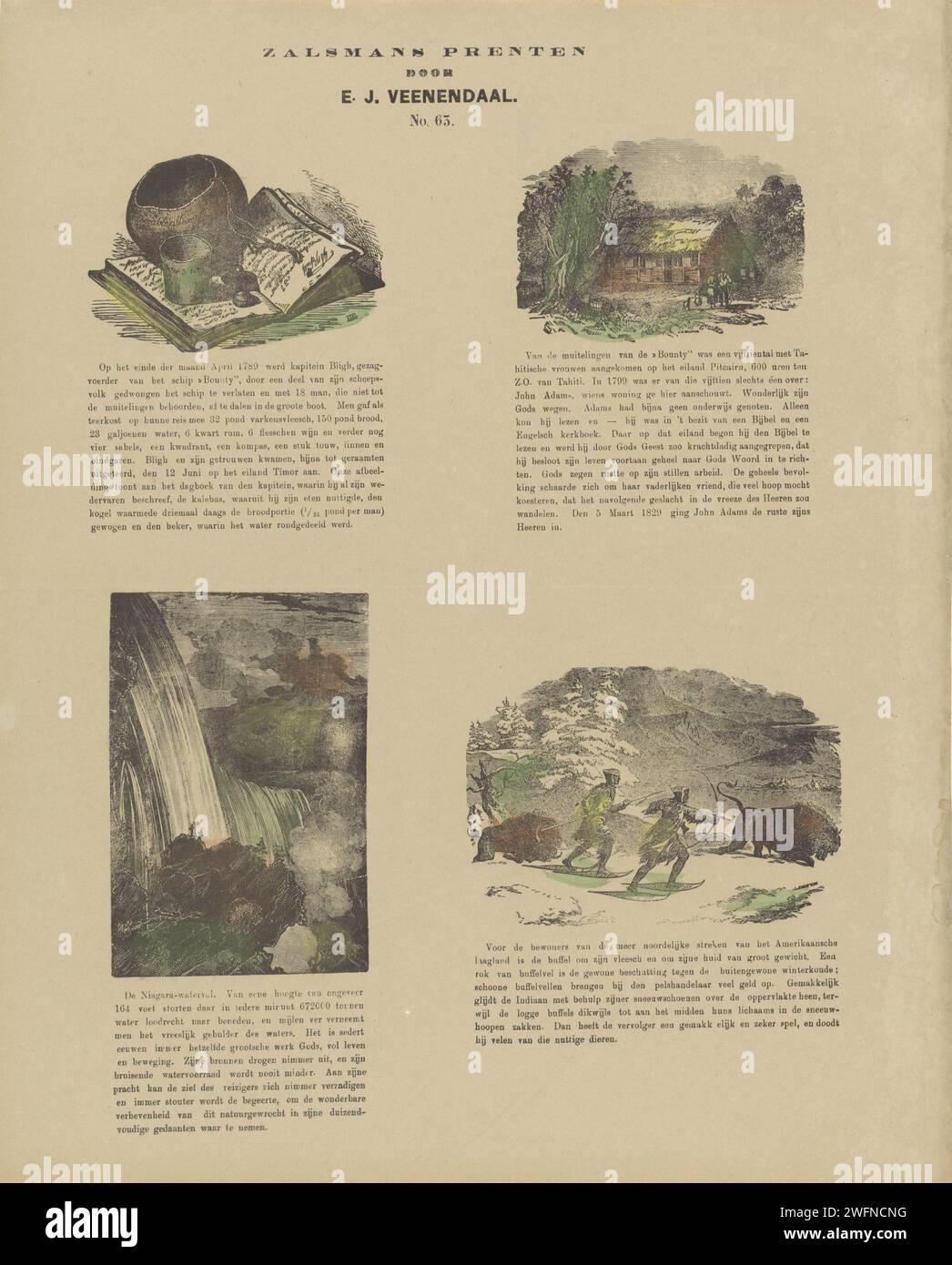 Possedimenti di Kaptein Bligh, la casa di John Adams su Tahiti, le cascate del Niagara e gli originali nordamericani che cacciano bisonti, 1869 - 1882 fogli stampati con quattro spettacoli: I beni di Kaptein Bligh; la casa di John Adams su Tahiti; le cascate del niagara; e gli originali nordamericani che cacciano bisonti. Una didascalia sotto ogni immagine. Numerato al centro: N. 63. Editore: Kampennetslandsprint maker: Europe paper letterpress Printing Hunter Hunters (N.B.: Nel 1988-1990 questa notazione denotava il concetto di 43C11421 "cacciatori che riposano durante la caccia"). cascata. frutta: zucca. Persone native Foto Stock