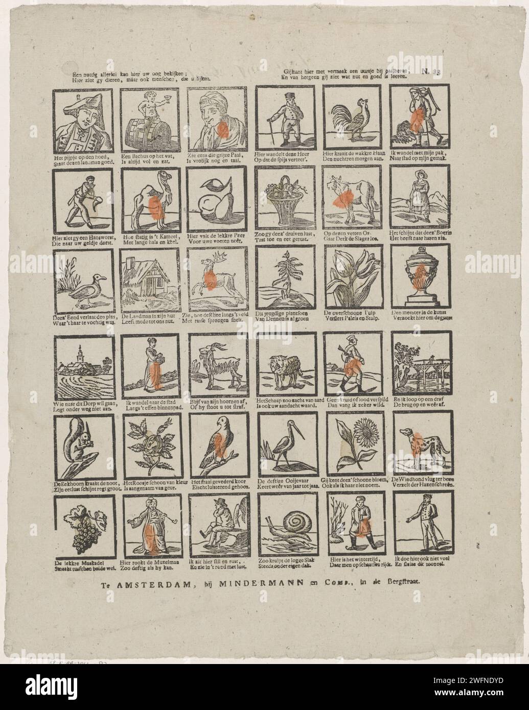 Un utile tutti i tipi possono vedere il tuo occhio qui, / qui vedi animali, ma anche persone che sembri. / Puoi passare un'ora con intrattenimento, / e da ciò che vedi che utilità e buon imparare, c. 1822 - 1849 fogli stampati con 36 spettacoli di figure, animali, piante e oggetti. Sotto ogni immagine un verso bidirezionale. Numerato in alto a destra: N. 23. Amsterdampublisher: Deventerprint Maker: Olanda carta tipografica animali da stampa. tipi umani. piante; vegetazione Foto Stock