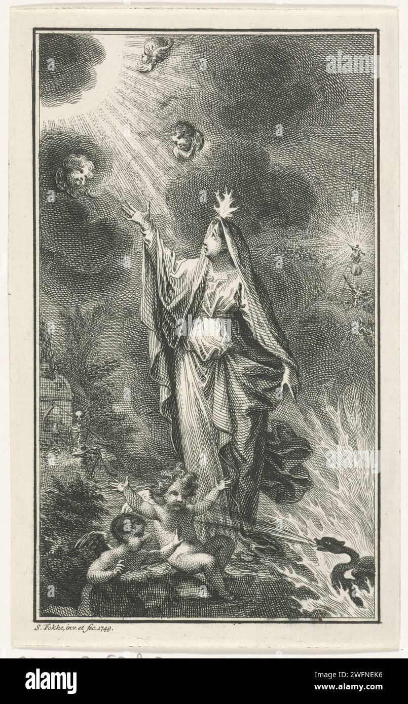 Vehiered Woman for Purgatory, Simon Fokke, 1749 print Una donna velata si trova di fronte al fuoco infernale e guarda con ansia gli angeli che ancora volano sopra di lei. Una fiamma brucia sopra la sua testa, un simbolo di guai. Ai suoi piedi un mare fiamma con una bestia demoniaca che sputa fuoco verso due angeli. In lontananza Cristo è giusto come giudice tra le nuvole, a sinistra c'è la morte con una falce e una clessidra su una lapide. La carta di Amsterdam incide l'inferno e il purgatorio. Giudizio universale. diavoli sotto forma di (favolosi) animali. Morte come scheletro Foto Stock