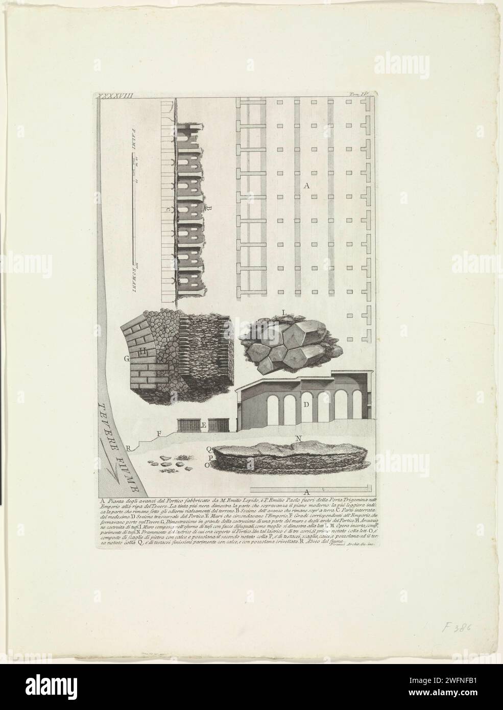 Mappa dei resti del portico emilia a Roma, Giovanni Battista Piranesi, c. 1756 - c. 1757 stampa mappa e dettagli dei resti del portico emilia a a Roma. Sulla sinistra il fiume Tevere. Numerato in alto a sinistra: Xxxxviii. Numerato in alto a destra: Tom. IV. Elenco esplicativo delle lettere in STUDMARGE. Roma carta incisione rovina di un edificio  architettura. Pianta  architettura Portico Emilia. Tevere Foto Stock