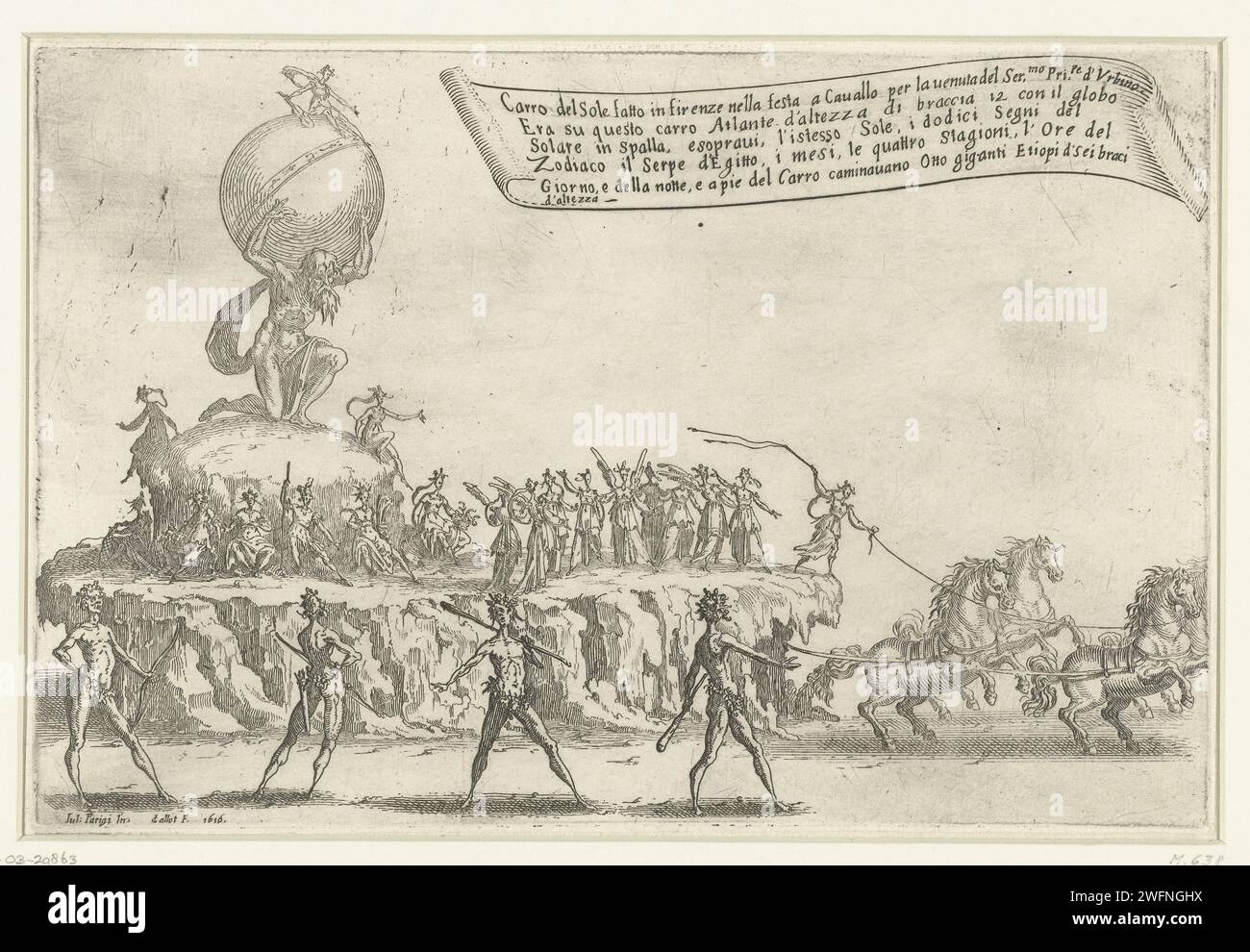 Festa a Firenze: Funcarota dell'Atlante e De Zon, Jacques Callot, dopo Giulio Parigi, 1616 stampa Praalwagen, tra cui atlas che testa il sole, personificazioni dei dodici mesi, le quattro stagioni e le ore del giorno, trainato da quattro cavalli. Questa struttura fu realizzata per la festa "Guerra di bellezza", che Cosimo II diede ai Medici a Firenze in occasione dell'arrivo di Federico della Rovere, principe di Urbino e fidanzato della sorella Claudia. Nella parte superiore della mostra uno striscione con testo in italiano. Carro per incisione di carta Firenze, auto trionfale. Supporto atlante t Foto Stock