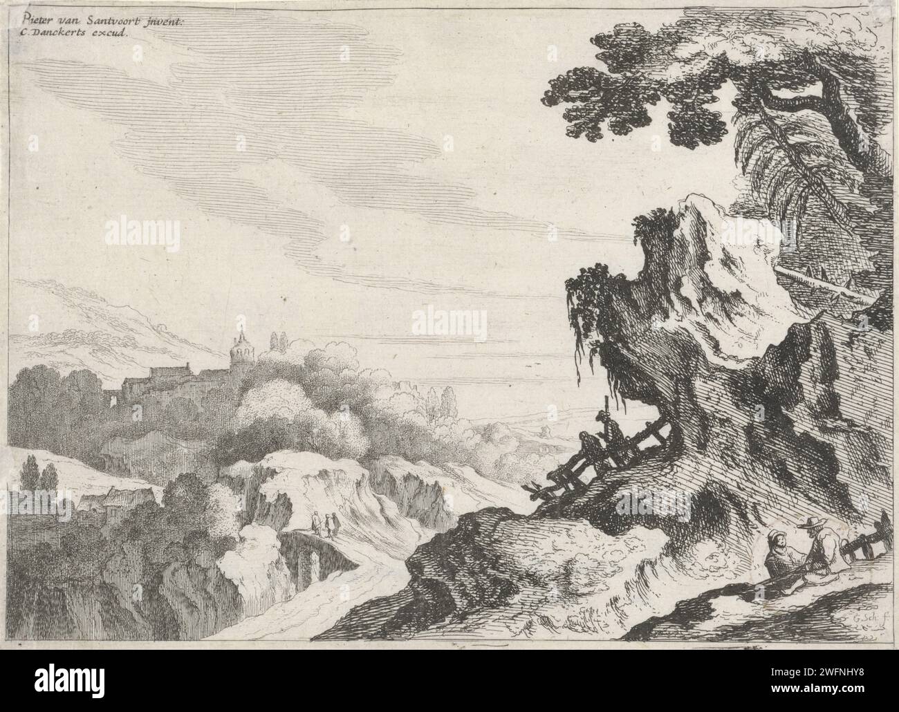 Paesaggio montano con un sentiero tra rocce, Gillis van Scheyndel (i), dopo Pieter Dircksz van Santvoort, 1631 - 1656 stampa Vista di un paesaggio montano con alberi e un sentiero sulle rocce. In primo piano quattro camminatori. Sullo sfondo i contorni di una goccia con una chiesa. Formazioni rocciose incise su carta di Amsterdam. strada, percorso. prospettiva del villaggio, sagoma del villaggio. "in viaggio", viaggiatore in corso Foto Stock