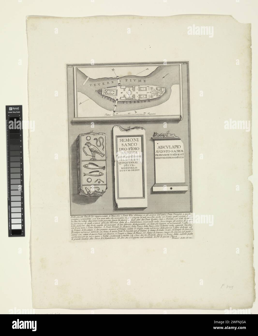 Cartina e iscrizioni dall'Isola Tevere di Roma, Giovanni Battista Piranesi, c. 1756 - c. 1757 cartina dell'Isola Tevere di Roma, con i due ponti che collegano l'isola con la terraferma: Pons Fabricius e Pons Cestius. Sotto la mappa tre iscrizioni della chiesa di San Bartolomeo all'Isola situata sull'isola. Numerato in alto a sinistra: Tom. IV. Numerato in alto a destra: XIV Didascalia ed elenco esplicativo dei numeri in STANDMARG. Isola di carta di Roma. iscrizione. ponte Tibereiland. Pons Cestius. Walker. San Bartolomeo all'isola Foto Stock