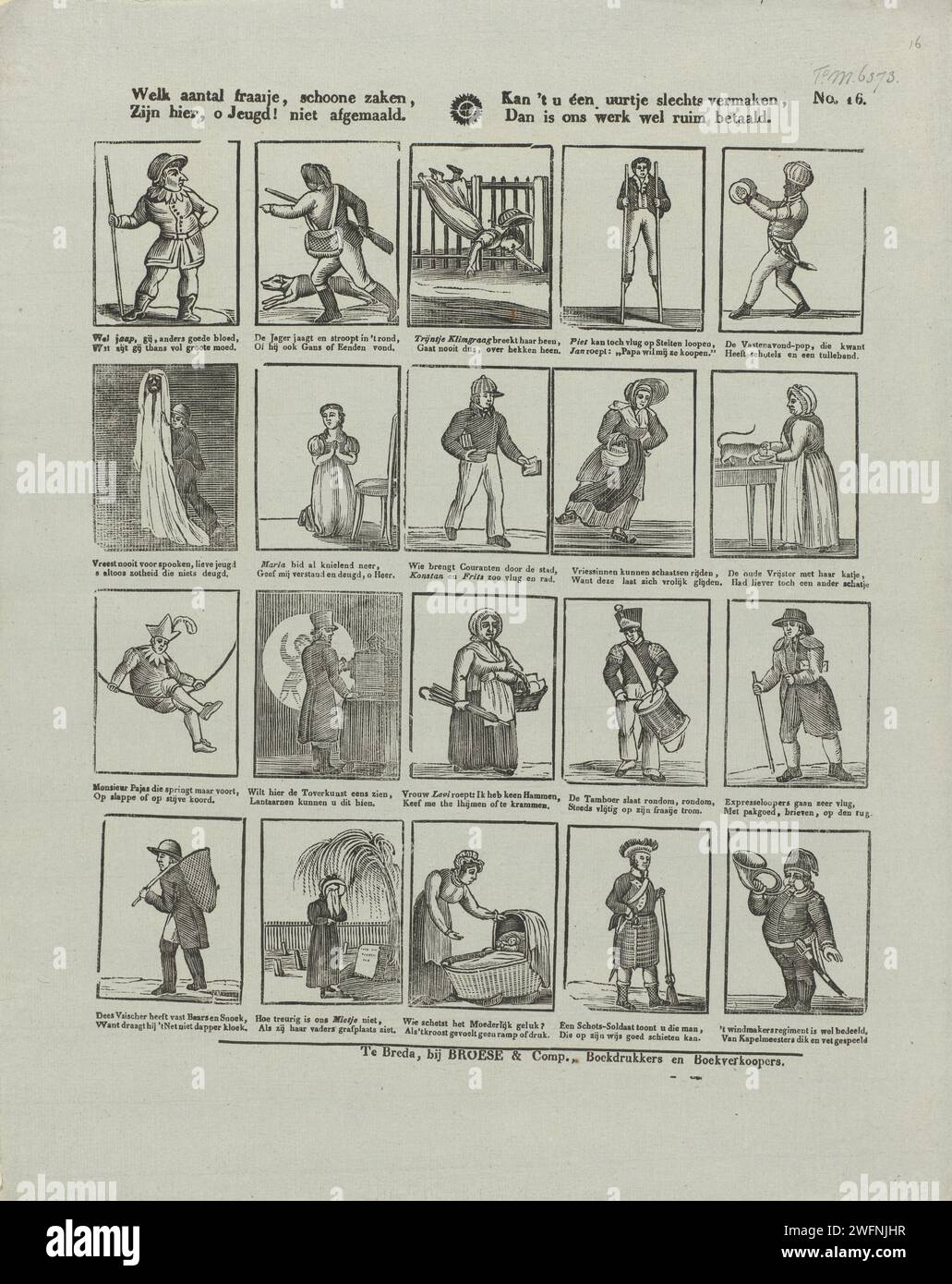 Che numero di belle, belle cose, / sono qui, o gioventù! Non a massa. / Puoi farlo tu. Solo un'ora di divertimento, / poi il nostro lavoro è ben pagato., Broese & Comp., 1828 - 1853 fogli stampati con 20 spettacoli di diverse figure e attività, tra cui un ragazzo che cammina su palafitte, un ragazzo di giornale e un tamboer. Sotto ogni performance un verso a due vie. Numerato in alto a destra: N. 16. Trampolini per la stampa di carta Breda da da letterpress. newsboy, giornalista. tamburo (strumento musicale) Foto Stock