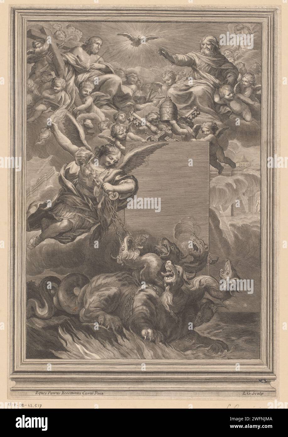 Arcangelo Michaël con un drago di sei membri e la Santissima Trinità, Louis Gomier, dopo Pietro da Cortona, 1685 - 1750 stampa l'Arcangelo Michaël in lotta con un drago di sei membri. In cima alle nuvole, Cristo e Dio sono il padre, circondati da Putti. Al centro sopra lo Spirito Santo galleggia sotto forma di piccione. Sullo sfondo un cancello con un angelo. Incisione di carta dell'Arcangelo Michele che combatte il drago (diavolo, Satana). La Santissima Trinità, 'Trinitas coelestis'; padre, figlio e Spirito Santo ~ religione cristiana Foto Stock