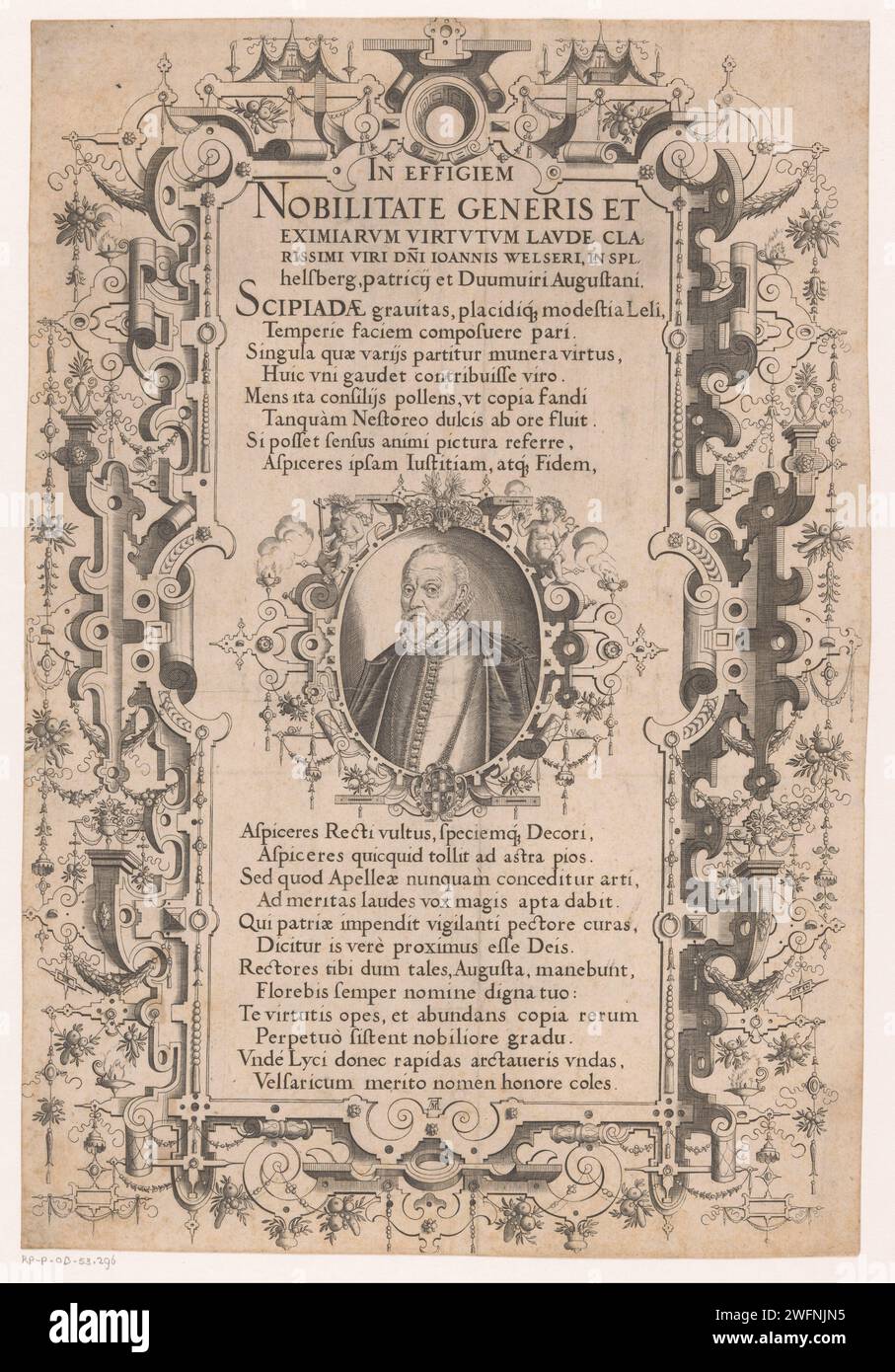 Portrait van Johann Welser met Ornamenale Rand, Alexander Mair, 1584 carte stampate che incidono persone storiche. ornamento  cartiglio. graffette, graffette  ornamento. cuscinetto araldico Foto Stock