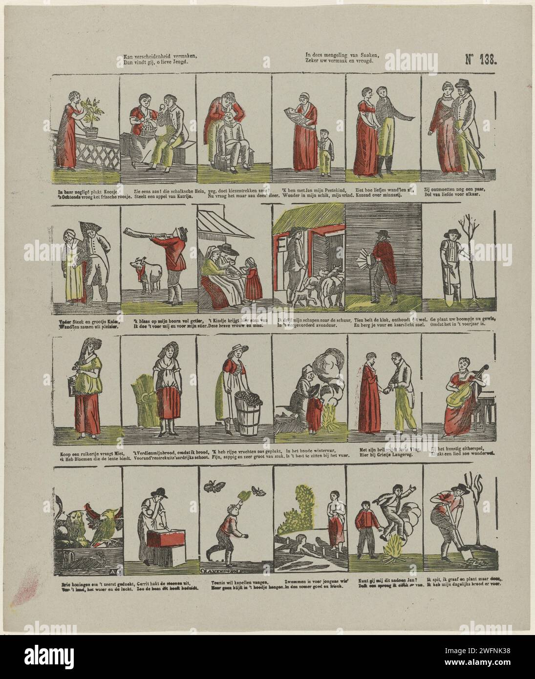 Può intrattenere varietà, / poi si trova, o lieve gioventù / nel mix di serpenti, / certamente il vostro divertimento e gioia, 1827 - 1894 stampa Leaf con 24 spettacoli di diverse figure e attività. Sotto ogni immagine un verso bidirezionale. Numerato in alto a destra: N. 138. Stampatore: Paesi Bassi Editore: Schaerbeek carta letterpress caratteri di stampa (tipi umani) Foto Stock
