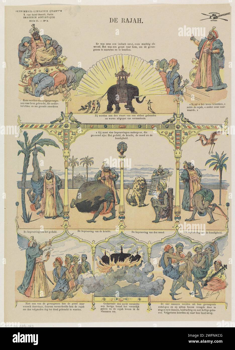De Rajah, 1893 stampa Leaf con tre file con esibizioni su un principe indiano (Raja) che permette ai suoi prigionieri di fare vari processi. Una didascalia sotto ogni immagine. Numerato in alto a sinistra: Série 11. - No. 9. Fiabe e racconti di stampa su carta parigina. sovrano, sovrano. Prigioniero, in India Foto Stock