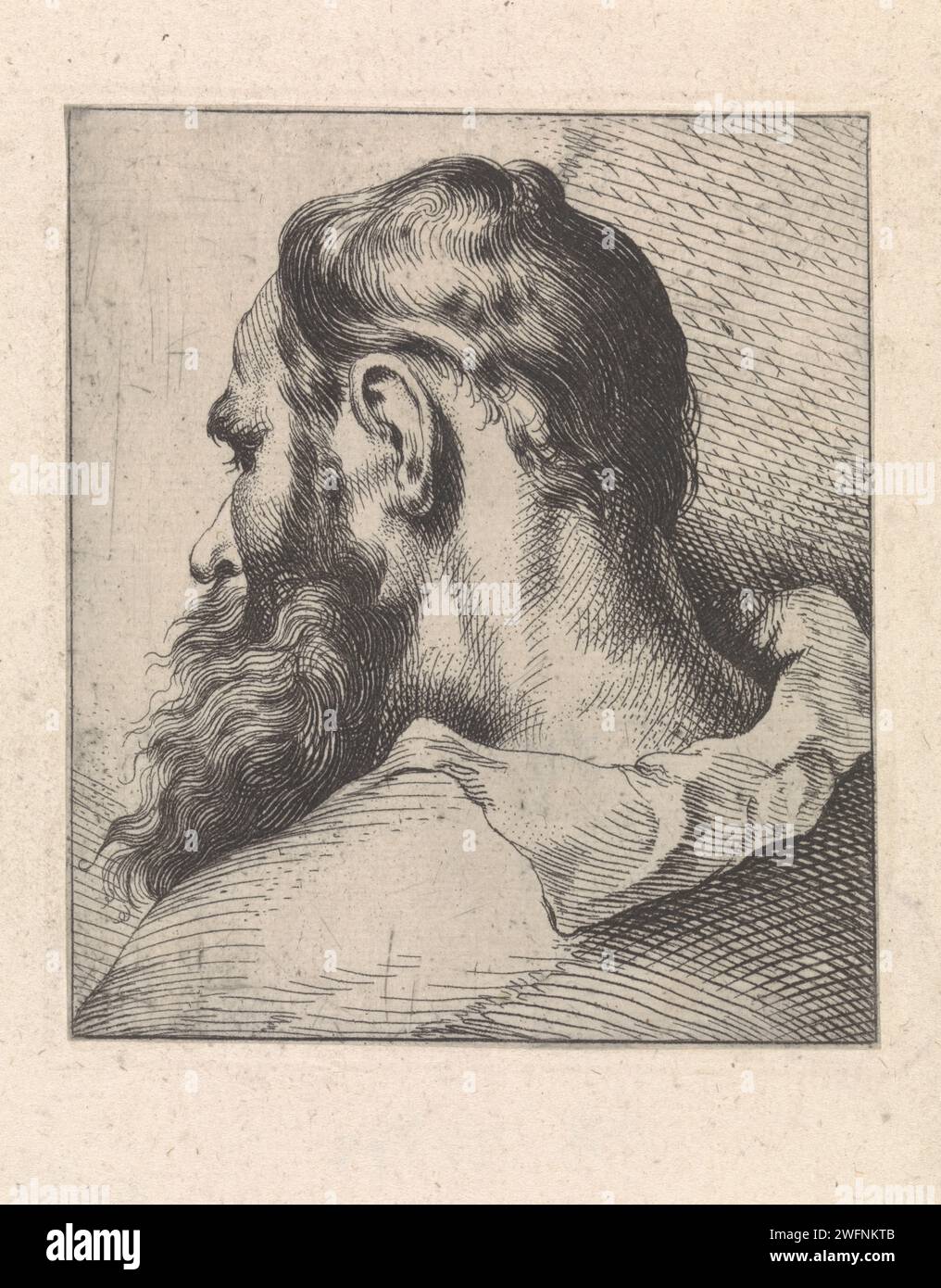 Busto di un apostolo, Theodorus van Kessel, dopo Anthony van Dyck, 1630 - 1660 stampa Busto di un apostolo da dietro, con la testa a sinistra girata. Questa stampa fa parte di una serie di sette parti su diversi apostoli. apostolo per incisione su carta (singolo), non specificato Foto Stock