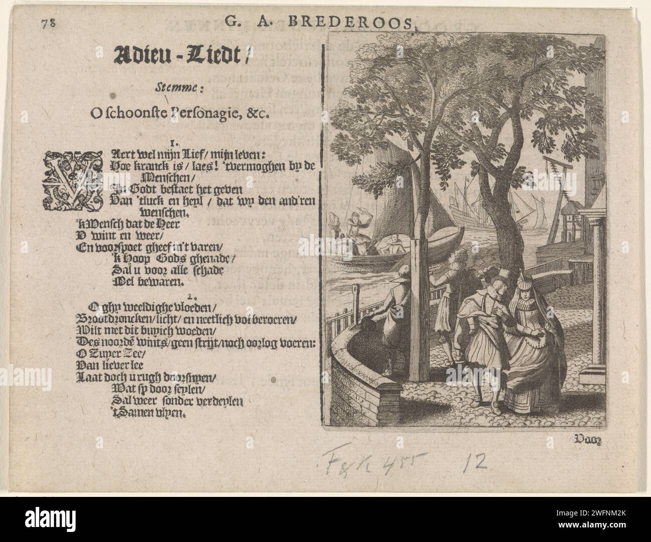 Diverse coppie su una banchina, Jan van de Velde (II), dopo David Vinckboons, 1622 stampano Una coppia che cammina su una banchina. Dietro di loro due uomini si agitano alle signore su una nave a vela. Illustrazione del libro di G.A. Bredero, Boertigh, Amoreus e Aend-Like Lied-Boeck, 1622. Nella pagina in alto a sinistra numero 78. Banchina di stampa per incisioni su carta/tipografia Amsterdam. prendere un permesso. barca a vela, barca a vela. salutando addio  partenza in un viaggio Foto Stock
