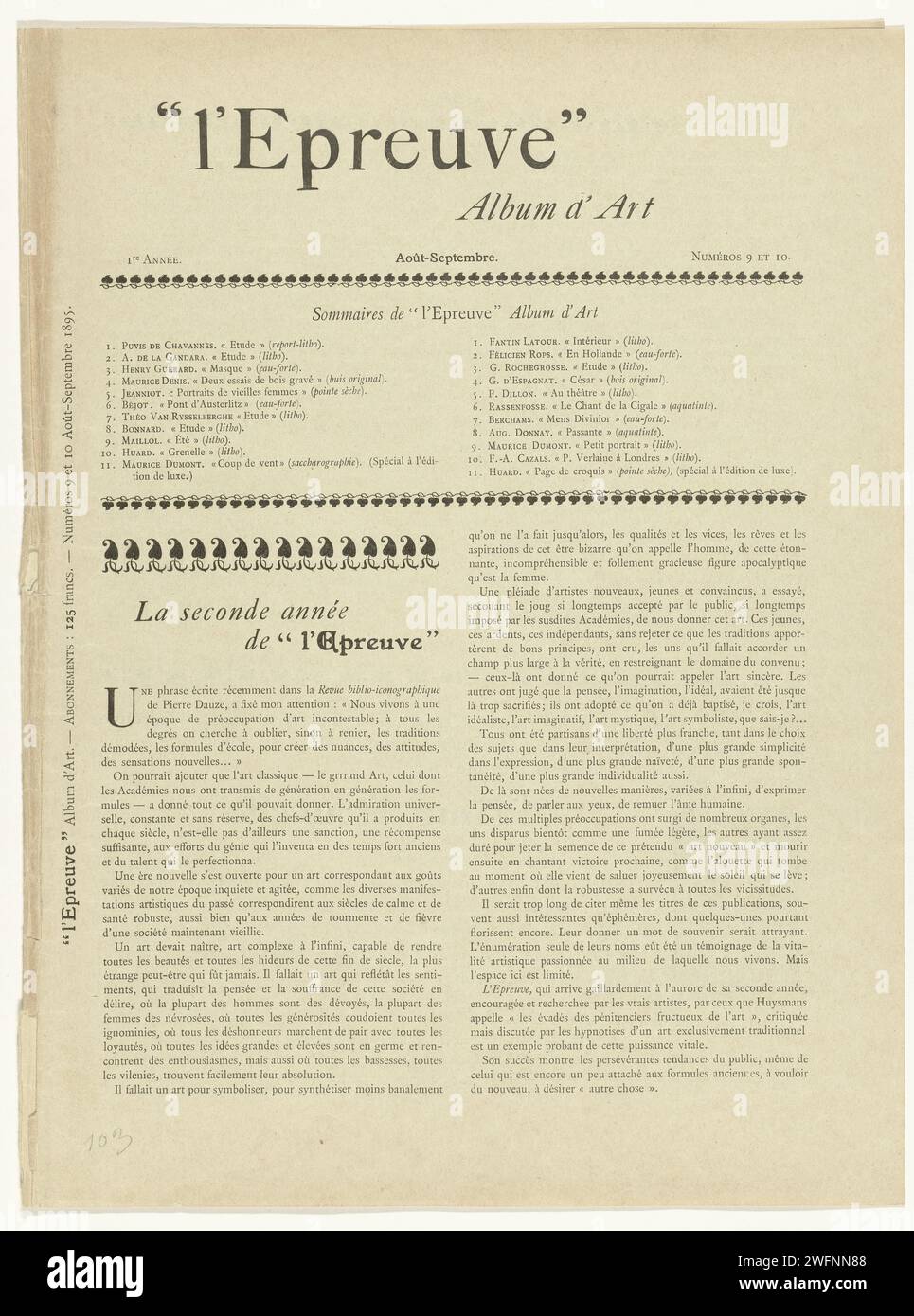 Rivista l'Epreuve, 1895 stampa la rivista l'Epreuve apparve mensilmente dal dicembre 1894 al dicembre 1895 e prestò attenzione all'arte e alla letteratura. In questo caso, due edizioni in una canzone sono occhi, la nona e la decima edizione dei mesi di agosto e settembre 1895 rispettivamente. Nella rivista, un album con dieci stampe originali di artisti famosi è stato pubblicato per canzone. Sulla prima pagina di questo doppio numero ci sono due elenchi di dieci nomi di artisti e il loro contributo, più una stampa extra per l'edizione Luxury. La rivista è ampiamente discussa dell'imminente secondo volume di 1896, whi Foto Stock