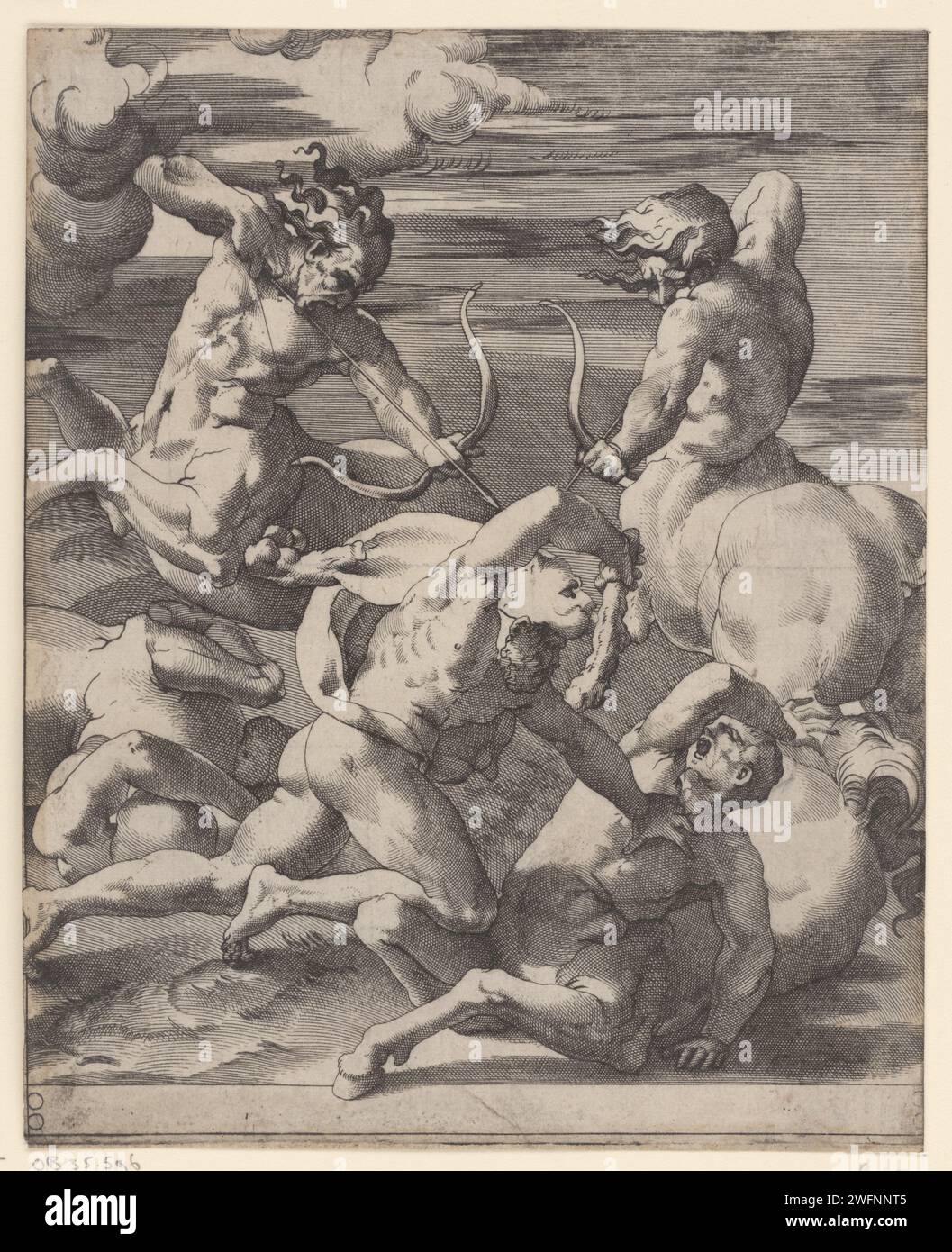 Ercole a Gevecht incontrò Centauren, Giovanni Jacopo Caraglio, rosso fiorentino dopo, 1515 - 1565 stampa Ercole in battaglia con centauri. Due centimetri concentrano la freccia e l'arco su Ercole. L'incisione italiana della lotta di Ercole con i centauri Foto Stock